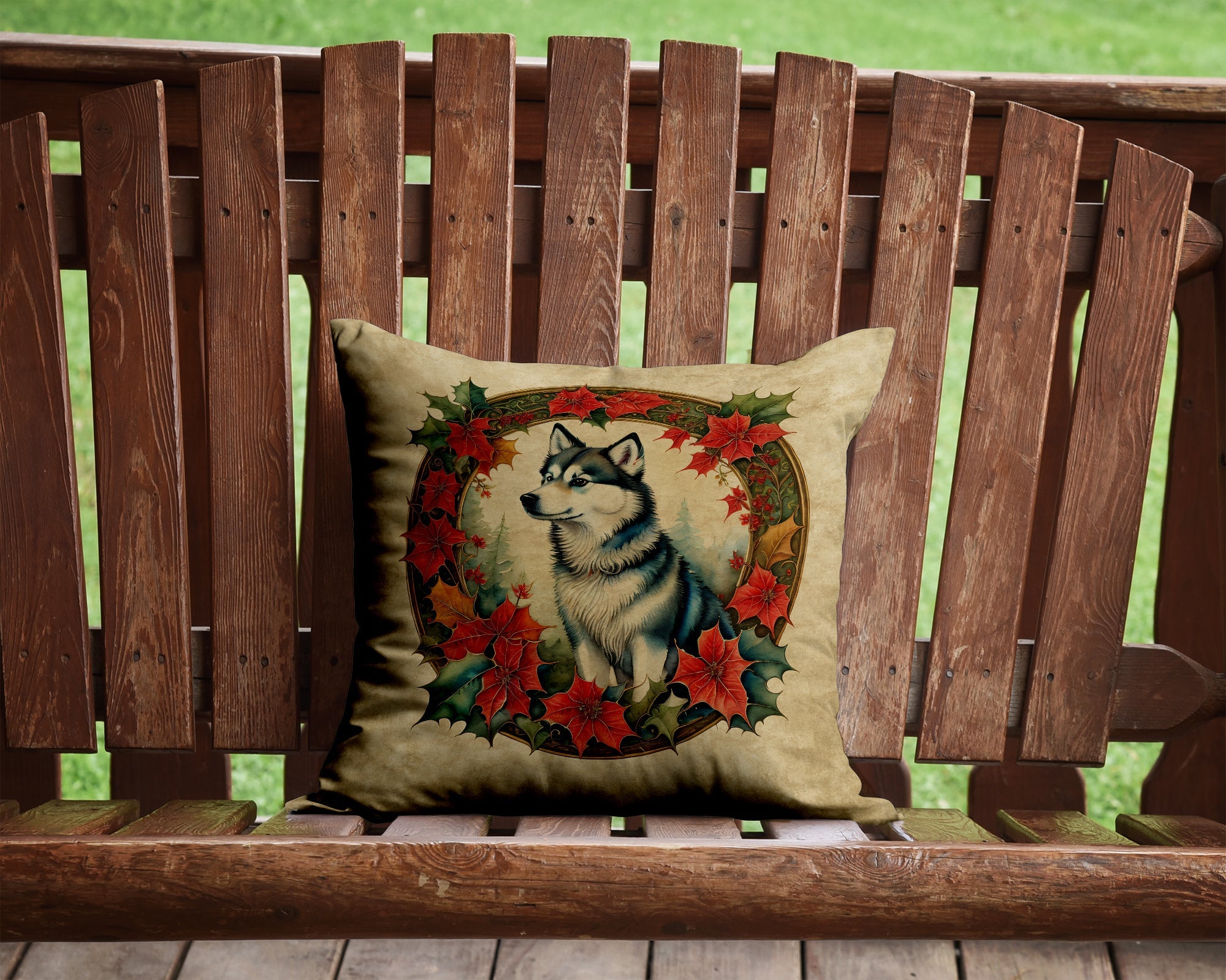 Alaskan Klee Kai Christmas Flowers Decorative Throw Pillow 14x14 Indoor Outdoor Accent Cushion, Fabric Cover with Insert for Sofa, Bed, Porch & Living Room