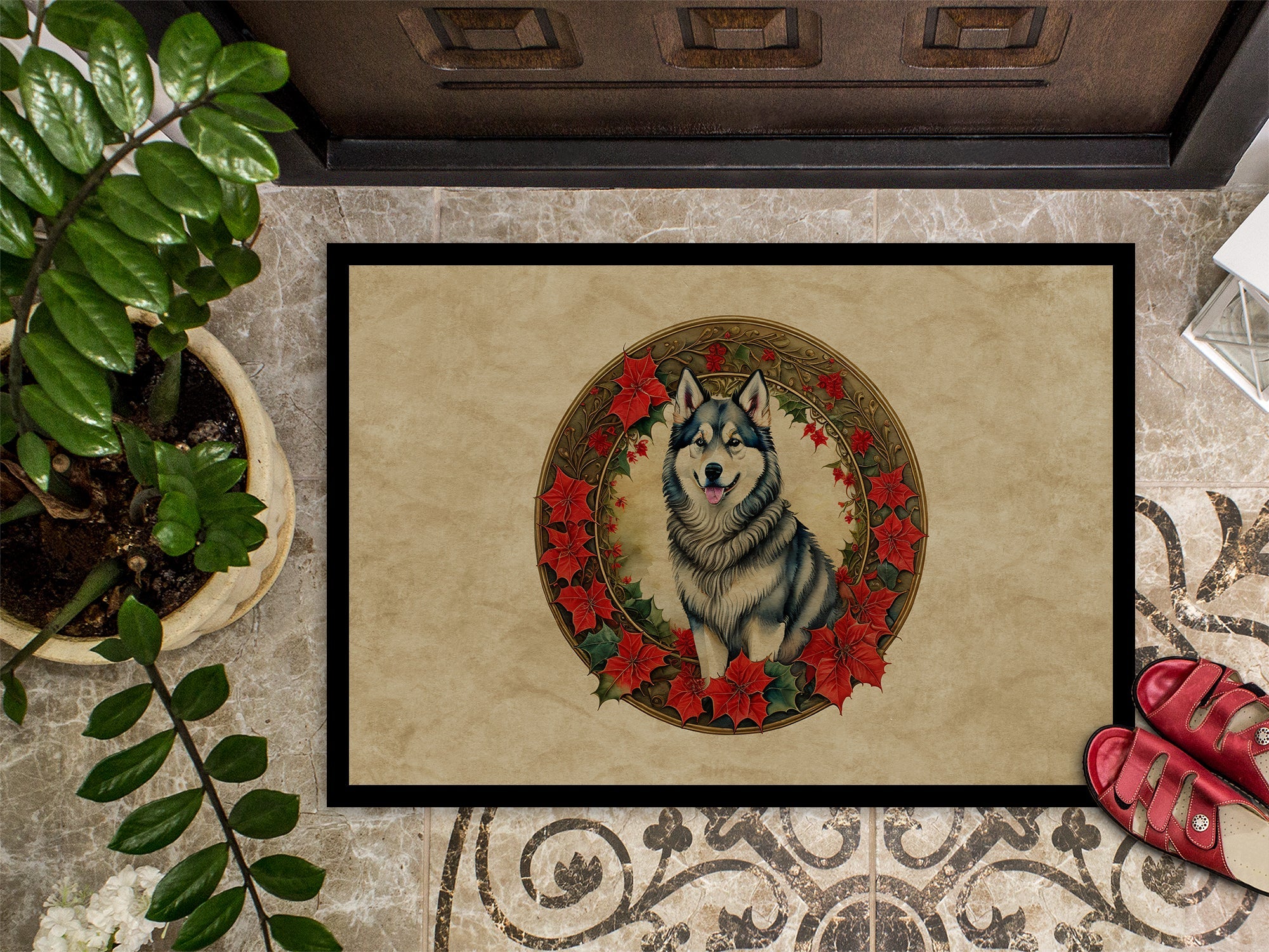 Alaskan Malamute Christmas Flowers Doormat Indoor Outdoor 24H X 36W Front Door Mat Rugs for Entryway, Non Slip Washable Low Pile,