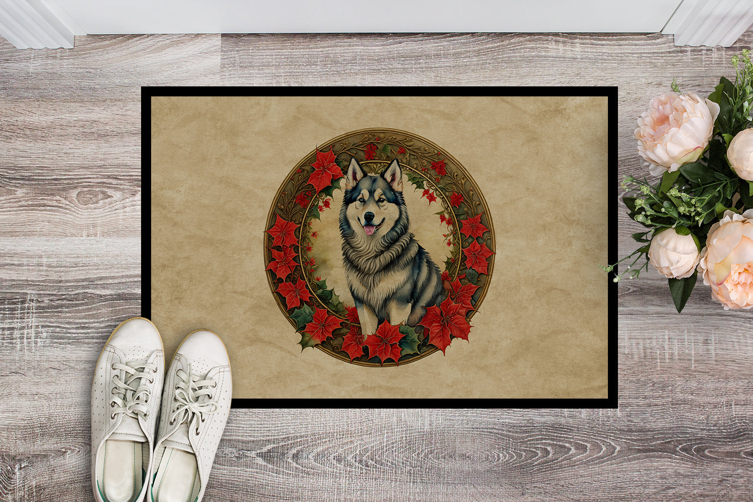 Alaskan Malamute Christmas Flowers Doormat Indoor Outdoor 18H X 27W Front Door Mat Rugs for Entryway, Non Slip Washable