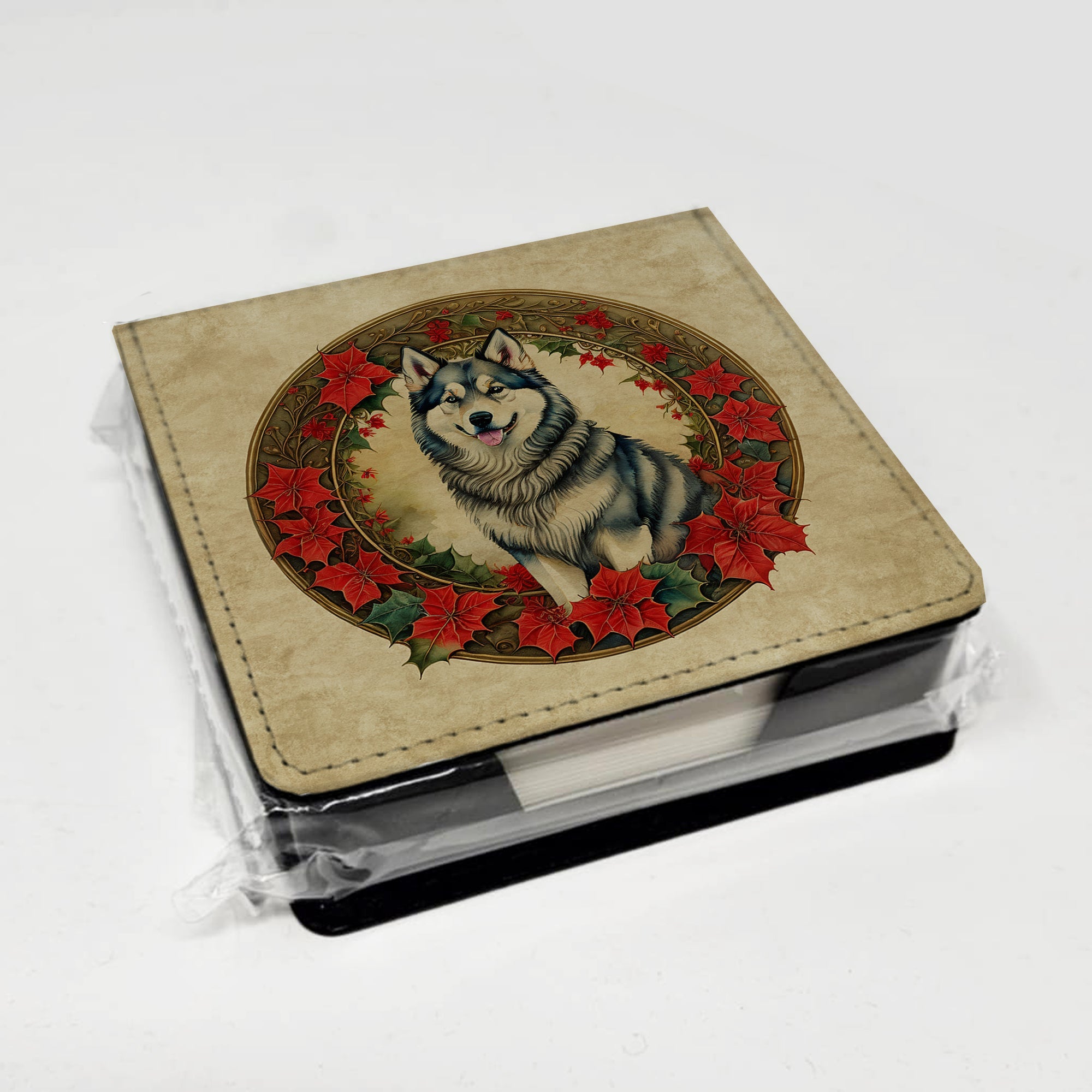 Alaskan Malamute Christmas Flowers PU Leather Note Paper Holder with Artist-Designed Cover, Desk Accessory, Office Gift