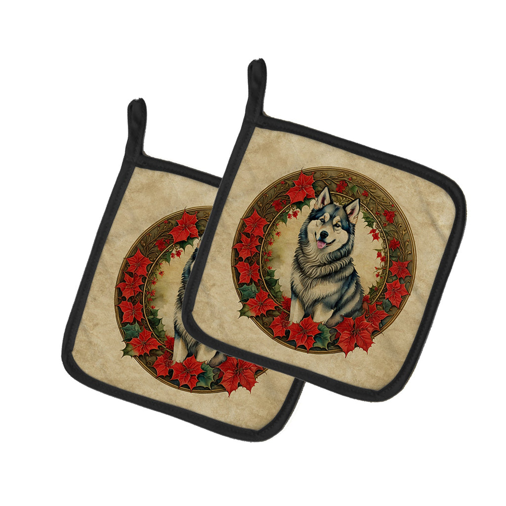 Alaskan Malamute Christmas Flowers Pot Holder Set of 2 Heat Resistant Quilted Hot Pads 7.5 x 7.5 Inch, Insulated Kitchen Trivets for Cooking & Baking