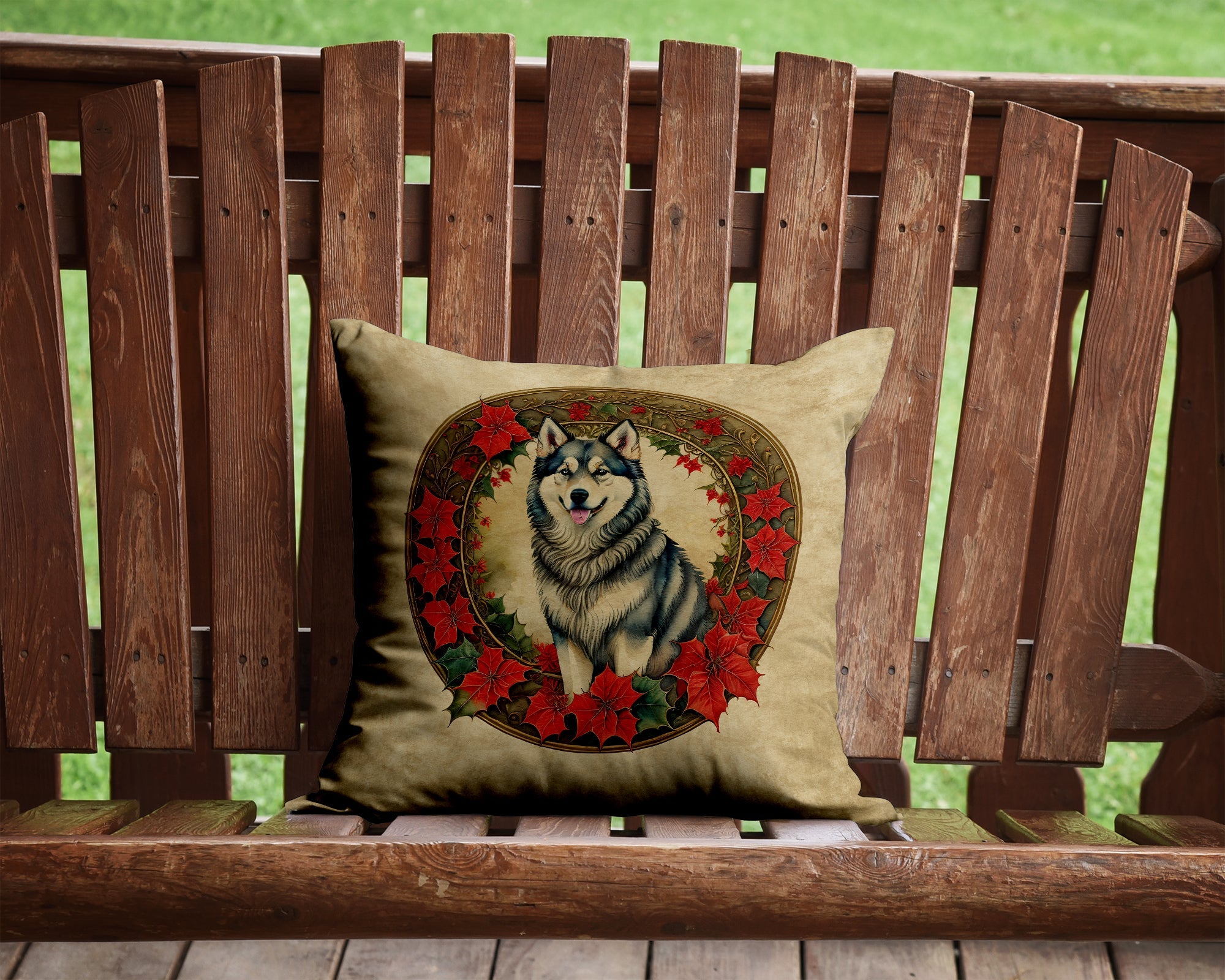 Alaskan Malamute Christmas Flowers Decorative Throw Pillow 14x14 Indoor Outdoor Accent Cushion, Fabric Cover with Insert for Sofa, Bed, Porch & Living Room