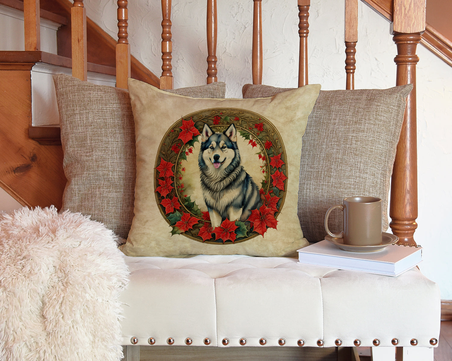 Alaskan Malamute Christmas Flowers Decorative Throw Pillow 14x14 Indoor Outdoor Accent Cushion, Fabric Cover with Insert for Sofa, Bed, Porch & Living Room