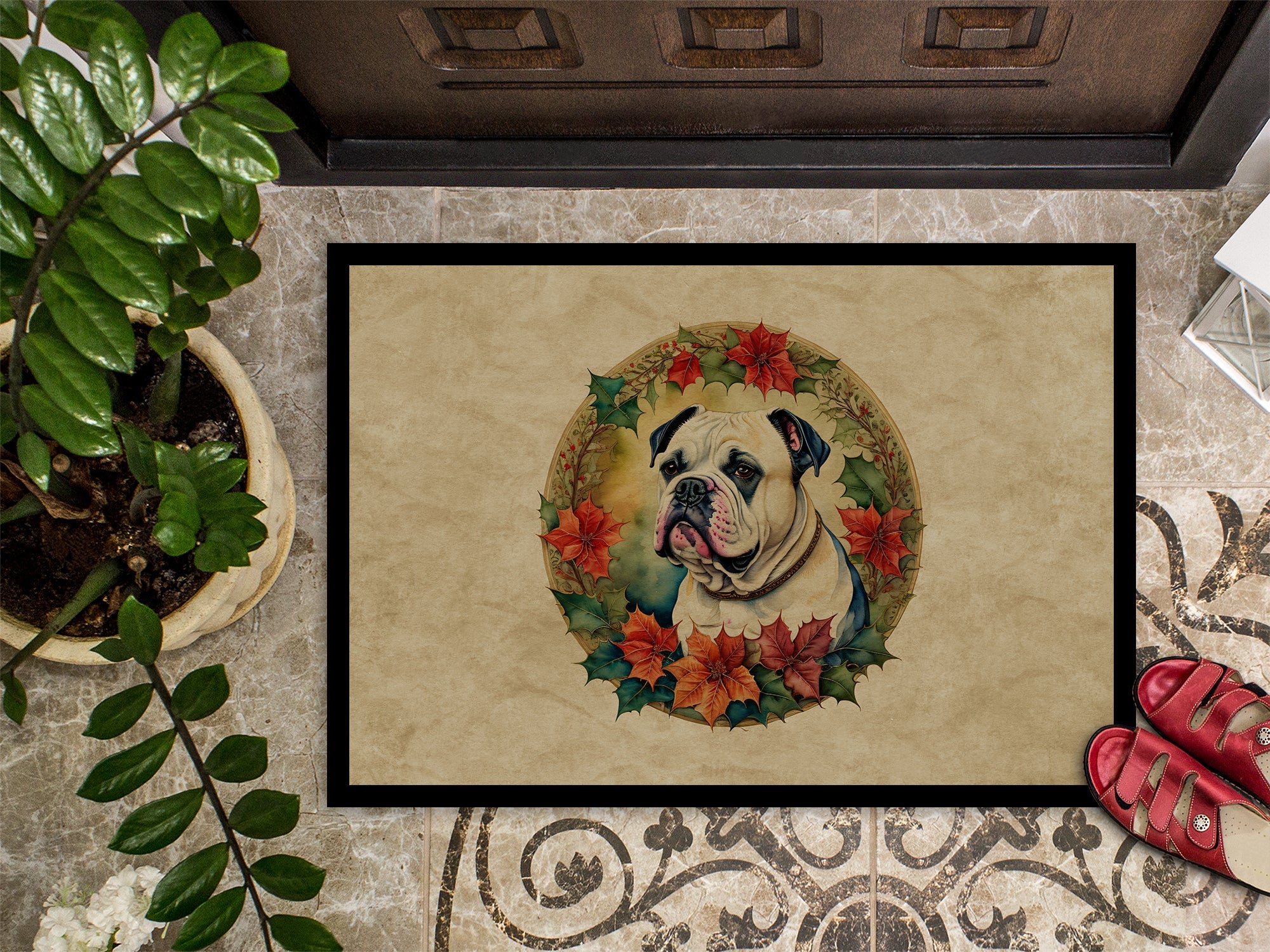 American Bulldog Christmas Flowers Doormat Indoor Outdoor 24H X 36W Front Door Mat Rugs for Entryway, Non Slip Washable Low Pile,