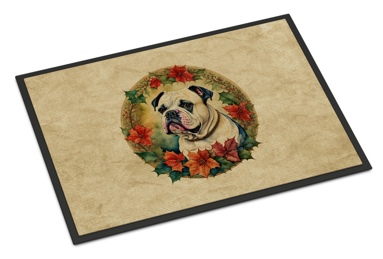 American Bulldog Christmas Flowers Doormat Indoor Outdoor 18H X 27W Front Door Mat Rugs for Entryway, Non Slip Washable