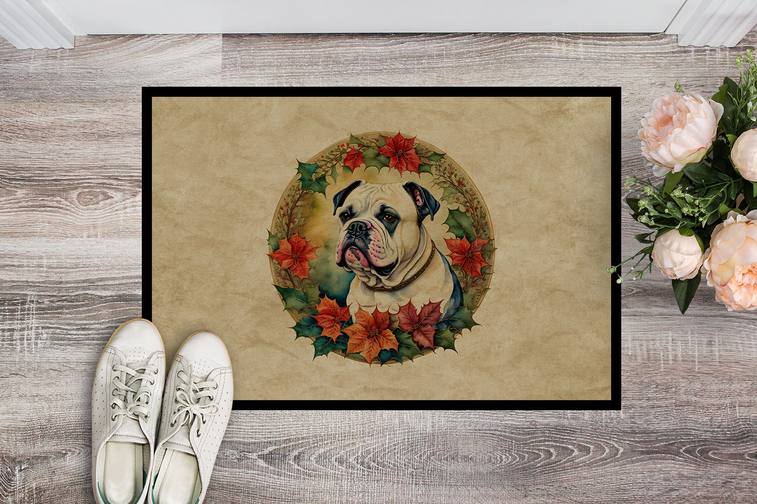 American Bulldog Christmas Flowers Doormat Indoor Outdoor 18H X 27W Front Door Mat Rugs for Entryway, Non Slip Washable