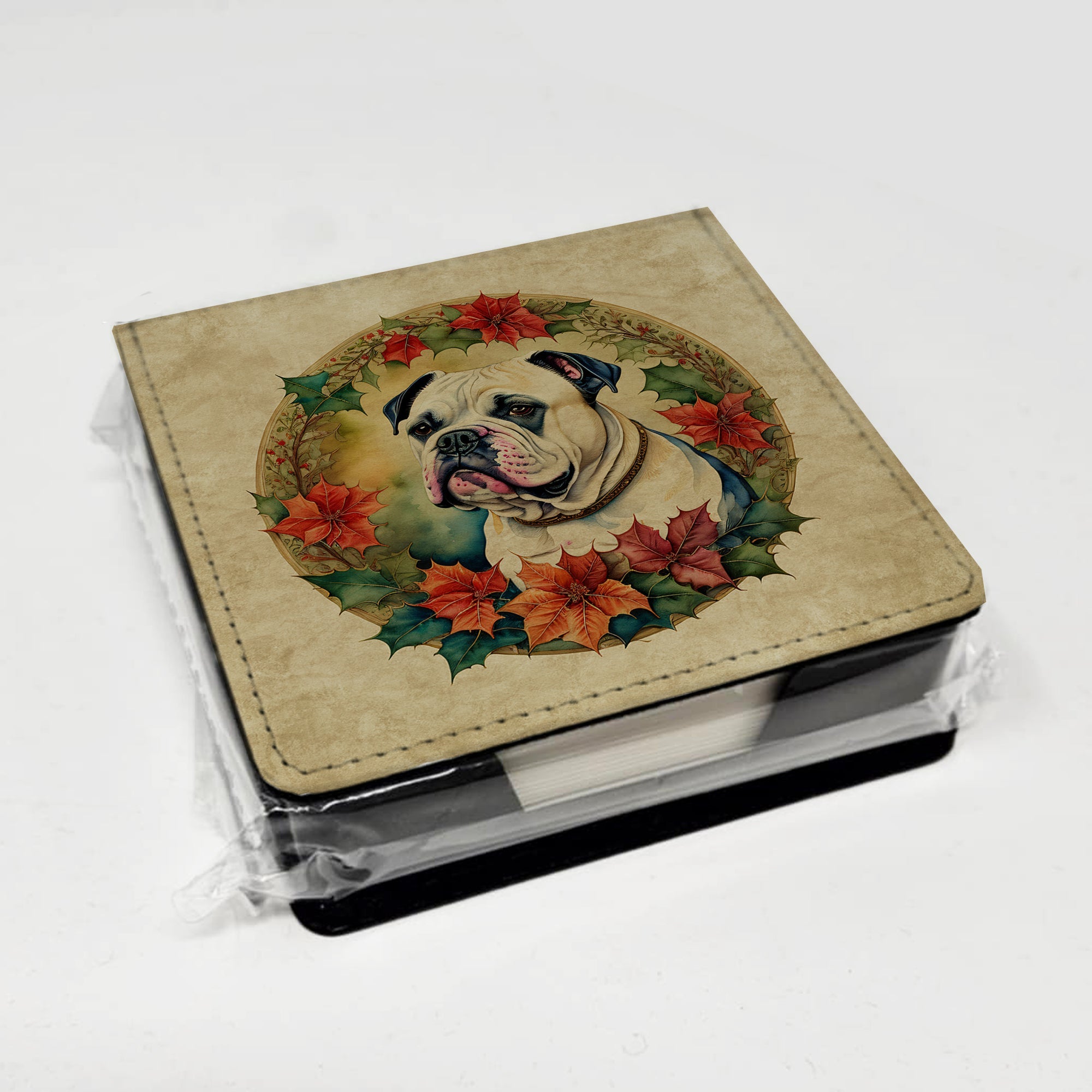 American Bulldog Christmas Flowers PU Leather Note Paper Holder with Artist-Designed Cover, Desk Accessory, Office Gift