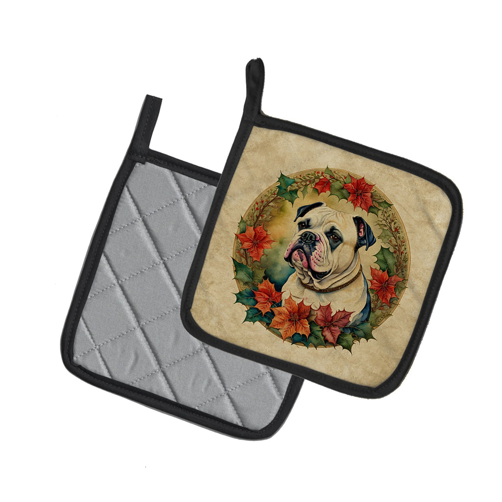 American Bulldog Christmas Flowers Pot Holder Set of 2 Heat Resistant Quilted Hot Pads 7.5 x 7.5 Inch, Insulated Kitchen Trivets for Cooking & Baking