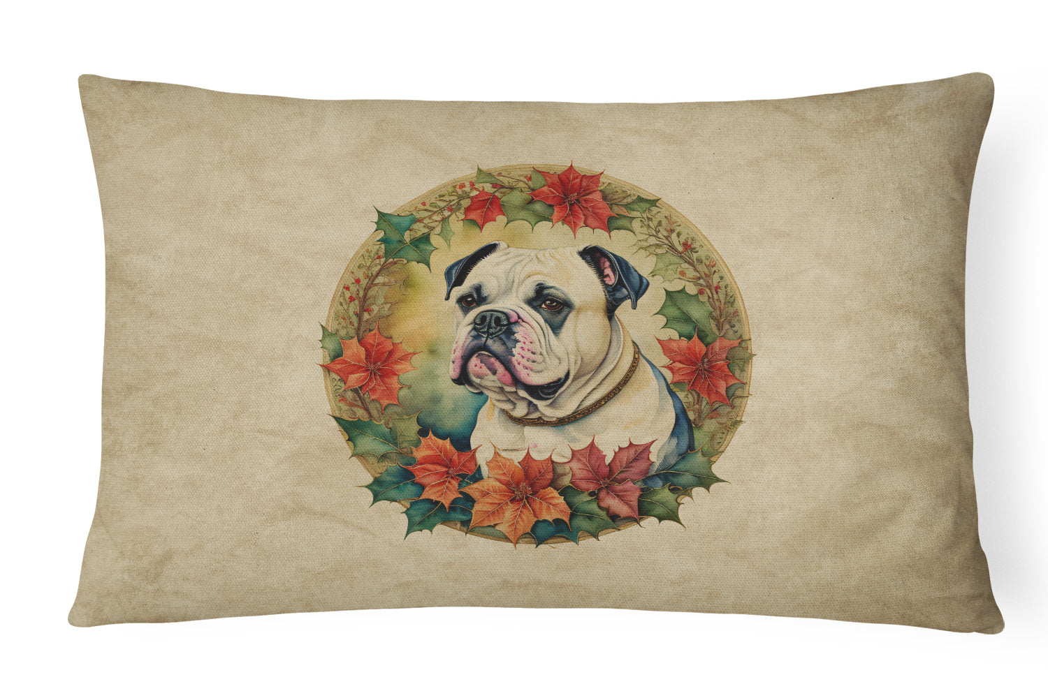 American Bulldog Christmas Flowers Decorative Throw Pillow 12x16 Indoor Outdoor Accent Cushion, Fabric Cover with Insert for Sofa, Bed, Porch & Living Room
