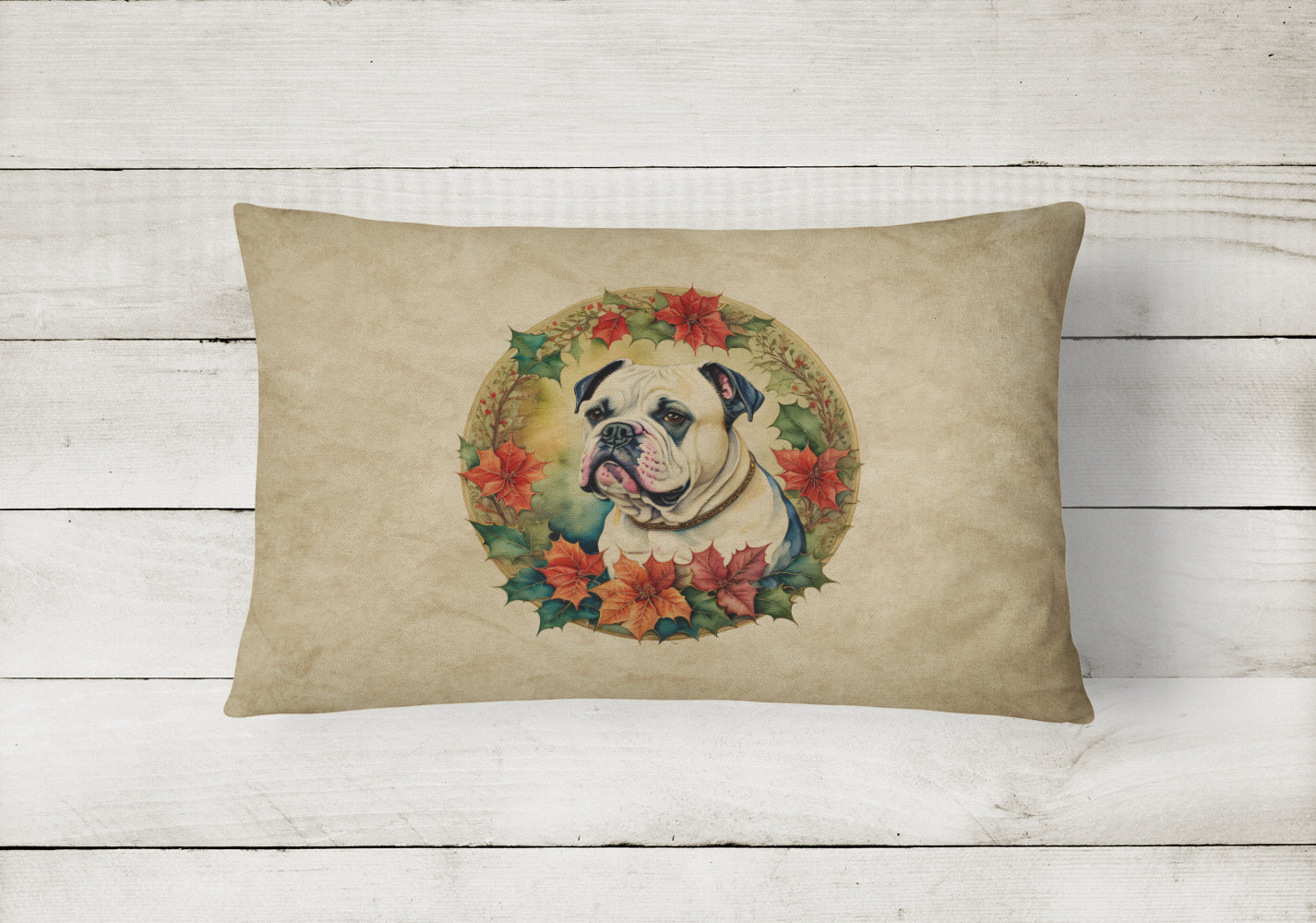 American Bulldog Christmas Flowers Decorative Throw Pillow 12x16 Indoor Outdoor Accent Cushion, Fabric Cover with Insert for Sofa, Bed, Porch & Living Room