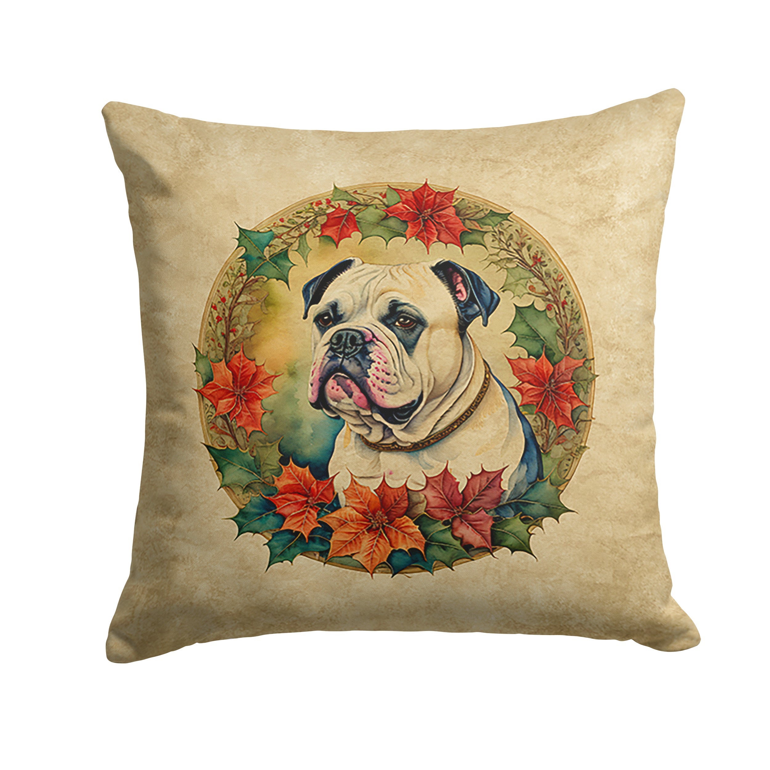 American Bulldog Christmas Flowers Decorative Throw Pillow 14x14 Indoor Outdoor Accent Cushion, Fabric Cover with Insert for Sofa, Bed, Porch & Living Room