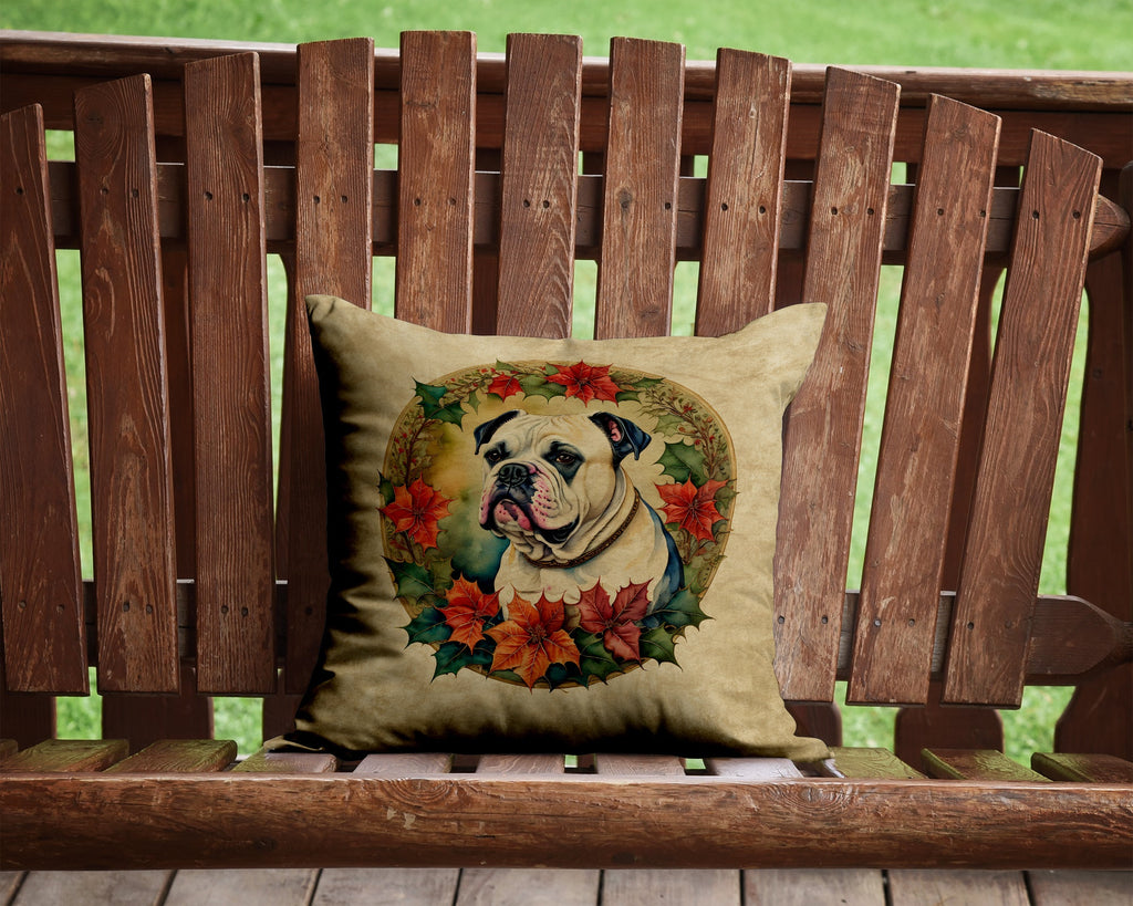 American Bulldog Christmas Flowers Decorative Throw Pillow 14x14 Indoor Outdoor Accent Cushion, Fabric Cover with Insert for Sofa, Bed, Porch & Living Room