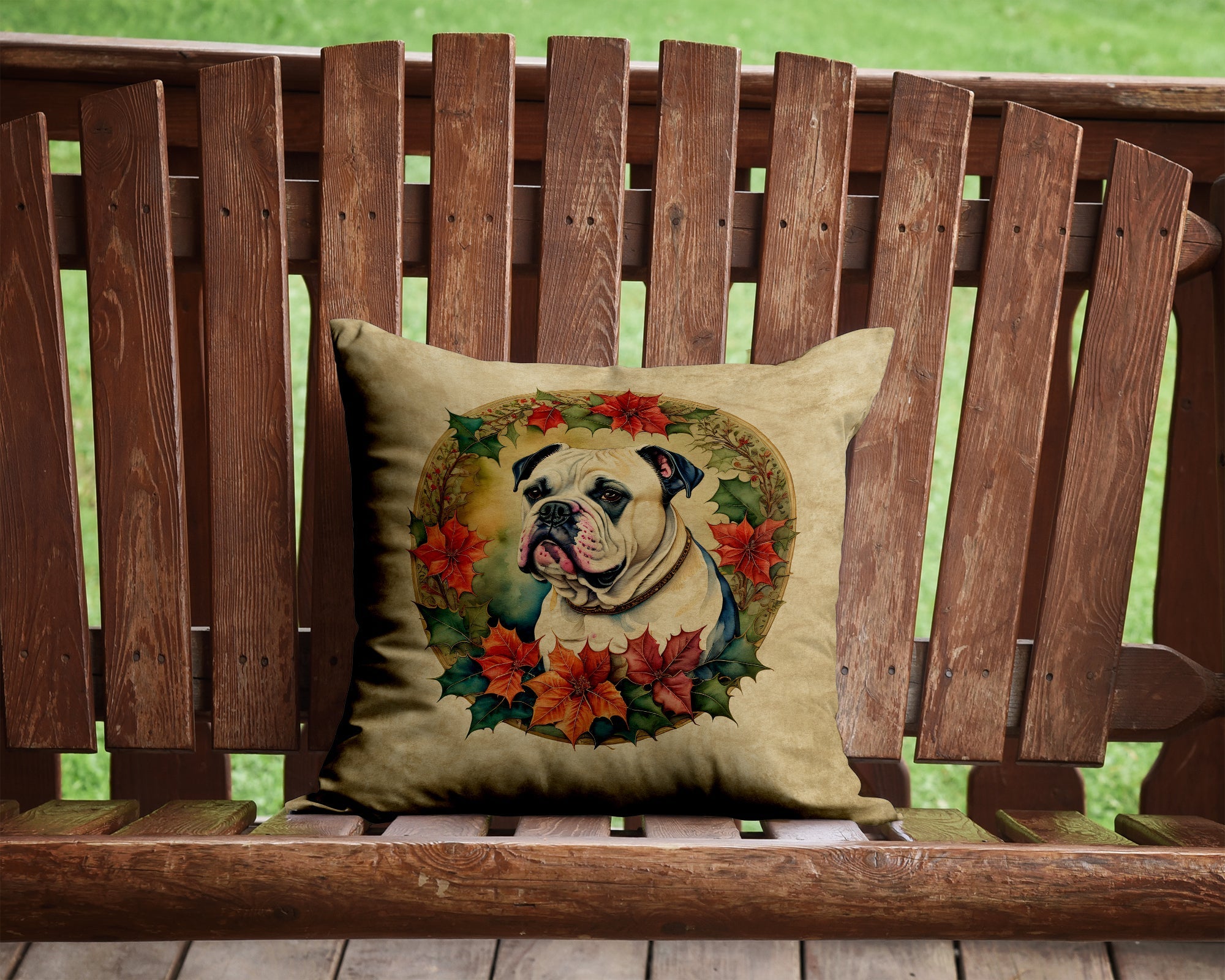 American Bulldog Christmas Flowers Decorative Throw Pillow 14x14 Indoor Outdoor Accent Cushion, Fabric Cover with Insert for Sofa, Bed, Porch & Living Room