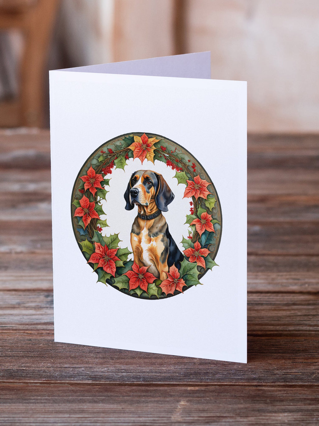 American English Coonhound Christmas Flowers Greeting Cards Pack of 8 Blank Cards with Envelopes Whimsical A7 Size 5x7