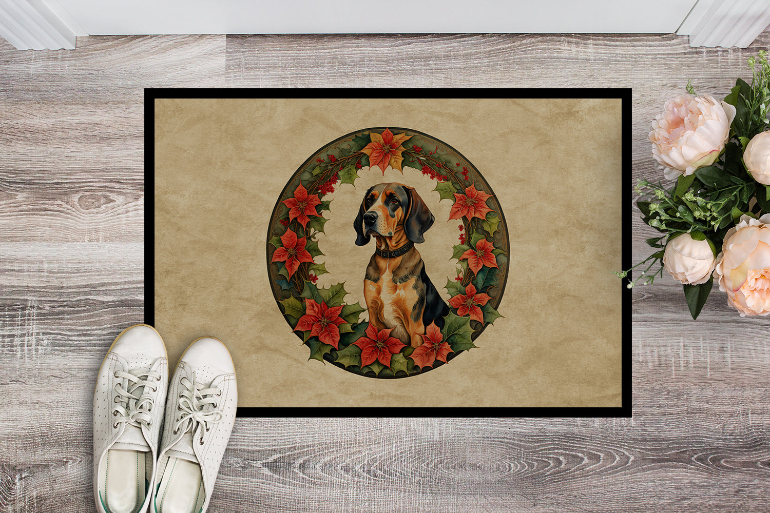 American English Coonhound Christmas Flowers Doormat Indoor Outdoor 18H X 27W Front Door Mat Rugs for Entryway, Non Slip Washable