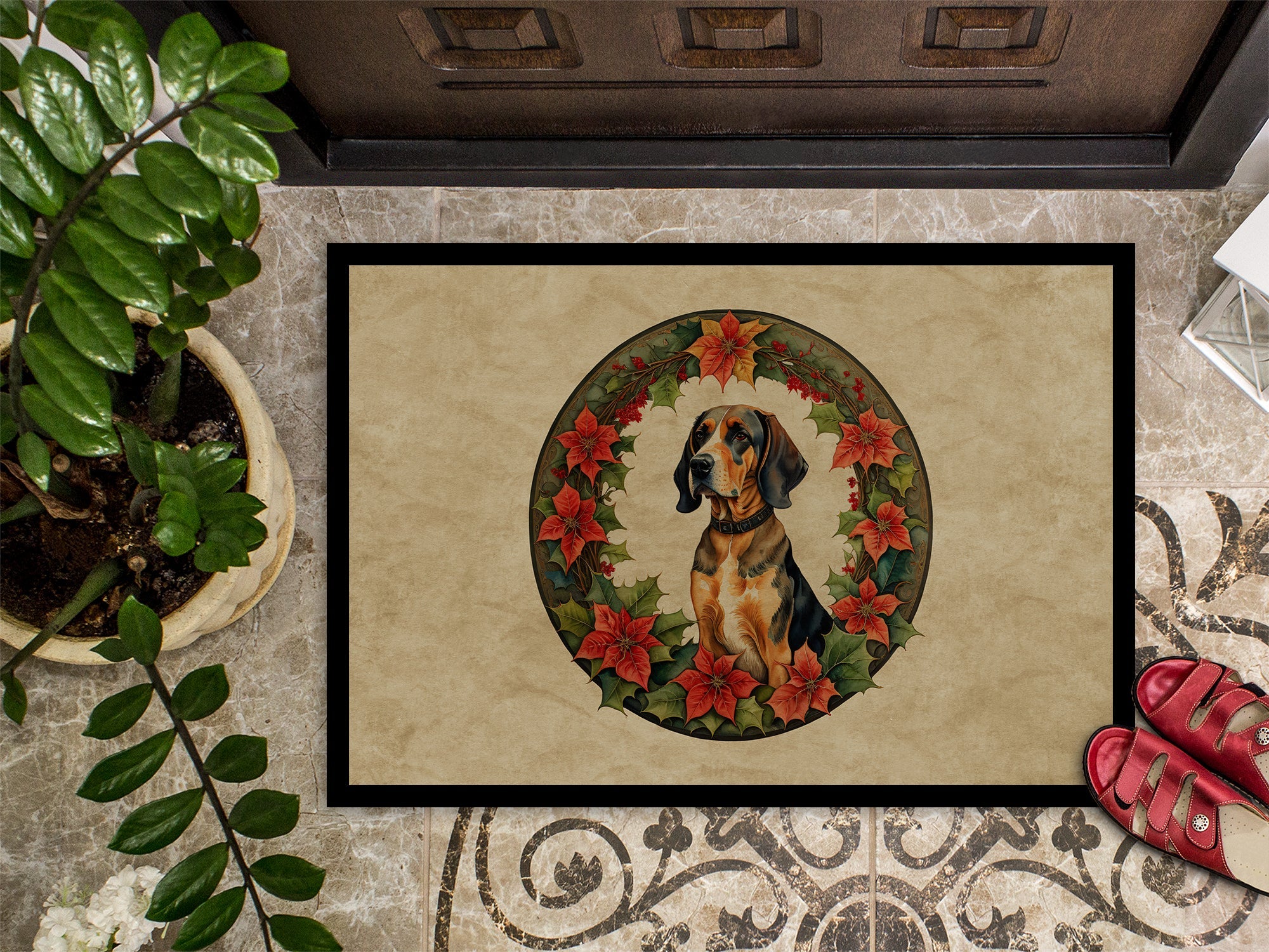 American English Coonhound Christmas Flowers Doormat Indoor Outdoor 18H X 27W Front Door Mat Rugs for Entryway, Non Slip Washable