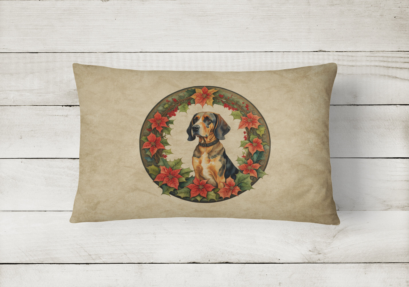 American English Coonhound Christmas Flowers Decorative Throw Pillow 12x16 Indoor Outdoor Accent Cushion, Fabric Cover with Insert for Sofa, Bed, Porch & Living Room