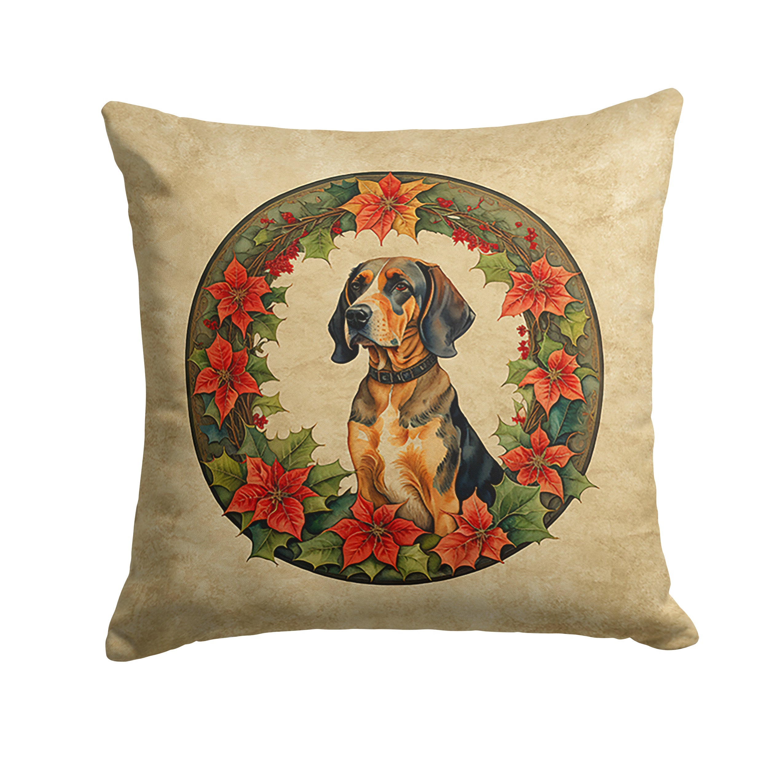 American English Coonhound Christmas Flowers Decorative Throw Pillow 14x14 Indoor Outdoor Accent Cushion, Fabric Cover with Insert for Sofa, Bed, Porch & Living Room