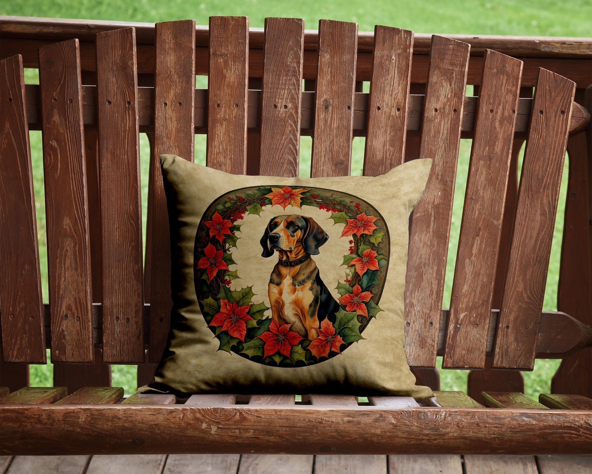 American English Coonhound Christmas Flowers Decorative Throw Pillow 14x14 Indoor Outdoor Accent Cushion, Fabric Cover with Insert for Sofa, Bed, Porch & Living Room