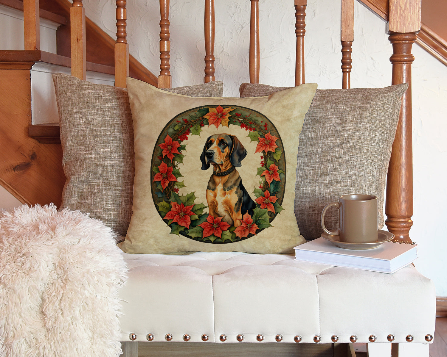 American English Coonhound Christmas Flowers Decorative Throw Pillow 14x14 Indoor Outdoor Accent Cushion, Fabric Cover with Insert for Sofa, Bed, Porch & Living Room