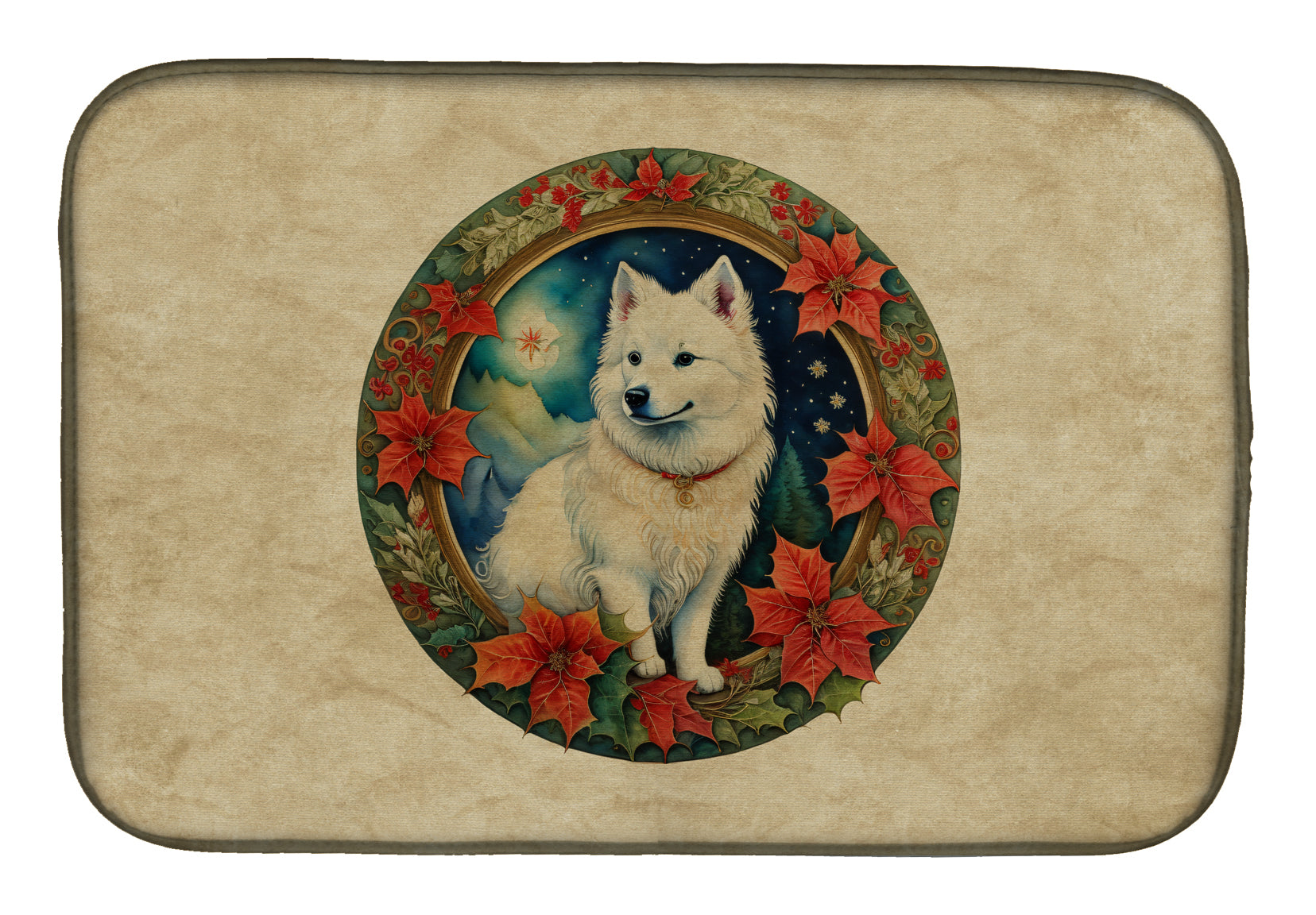 American Eskimo Christmas Flowers Dish Drying Mat Absorbent Dish Drying Mat Pad for Kitchen Counter Dish Drainer Mat for Countertop, 14 x 21", Multicolor