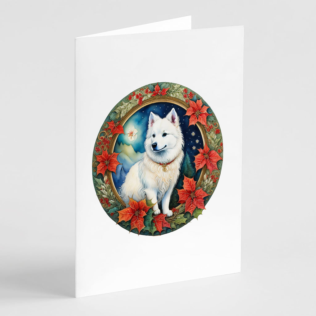 American Eskimo Christmas Flowers Greeting Cards Pack of 8 Blank Cards with Envelopes Whimsical A7 Size 5x7