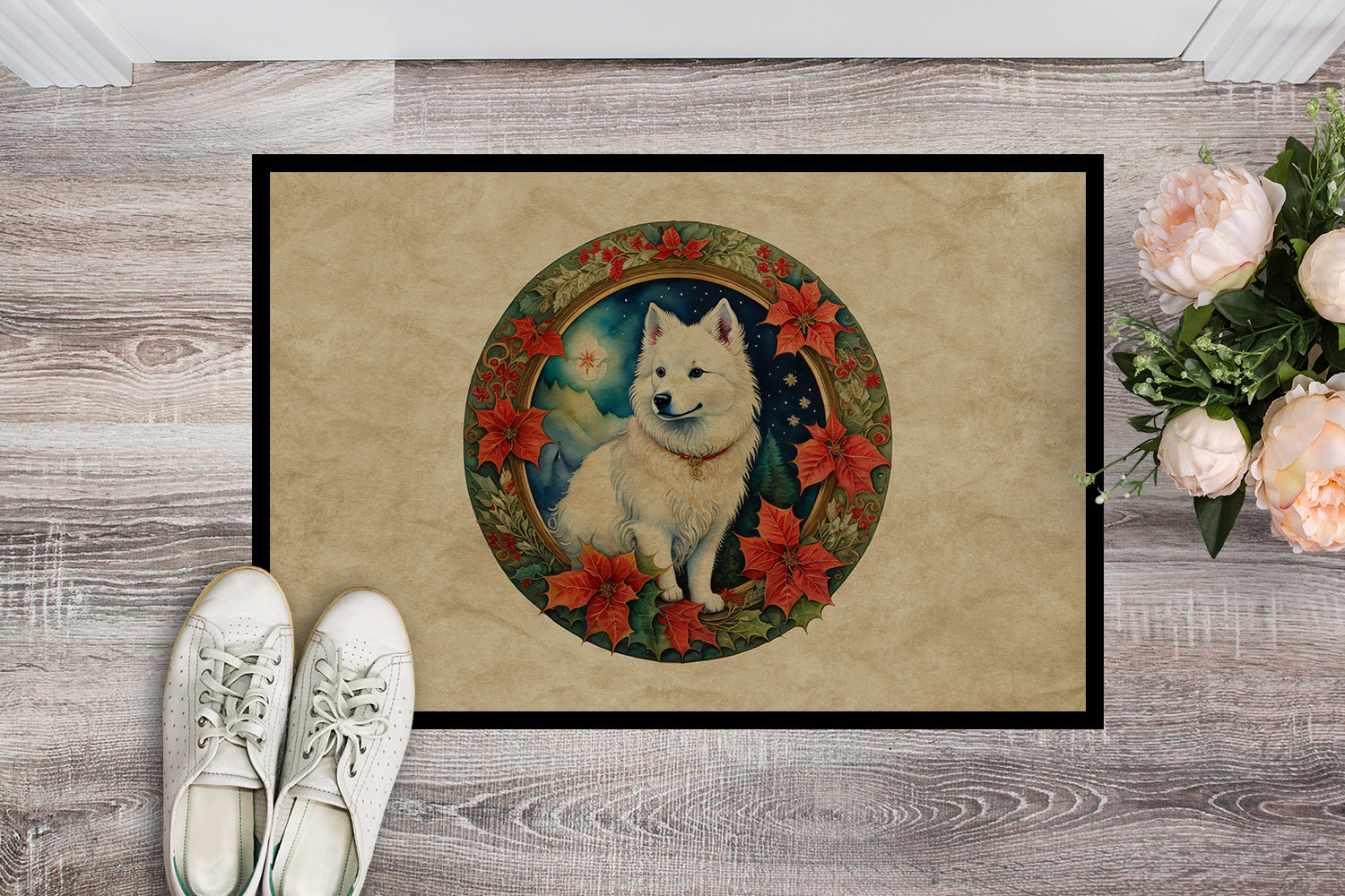 American Eskimo Christmas Flowers Doormat Indoor Outdoor 24H X 36W Front Door Mat Rugs for Entryway, Non Slip Washable Low Pile,