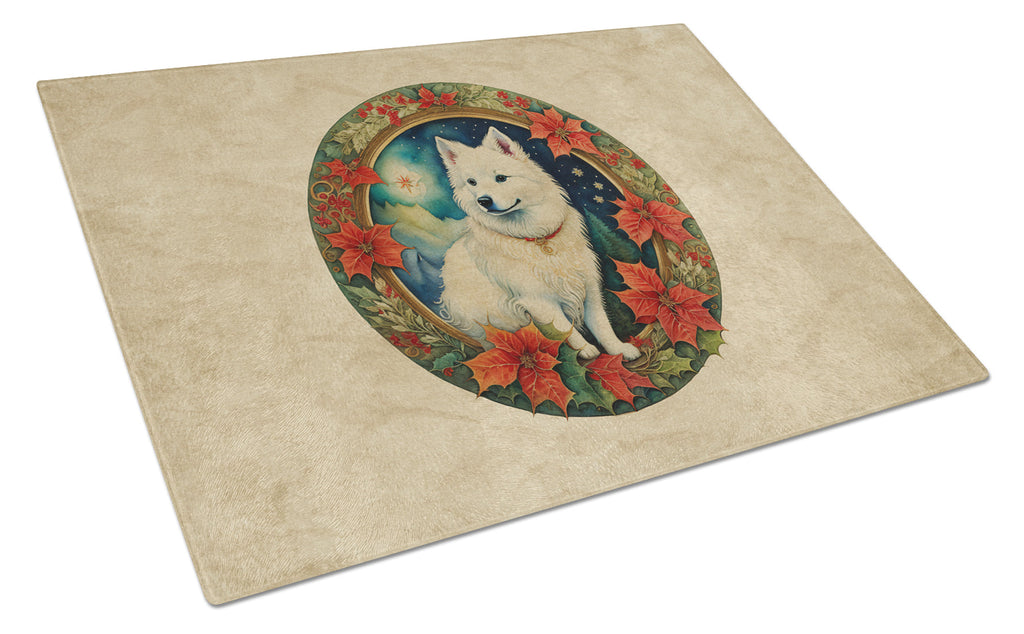 American Eskimo Christmas Flowers Cutting Board Tempered Glass Kitchen Cutting Surface, Heat Resistant Chopping, Non-Slip Feet, Food Prep & Serving