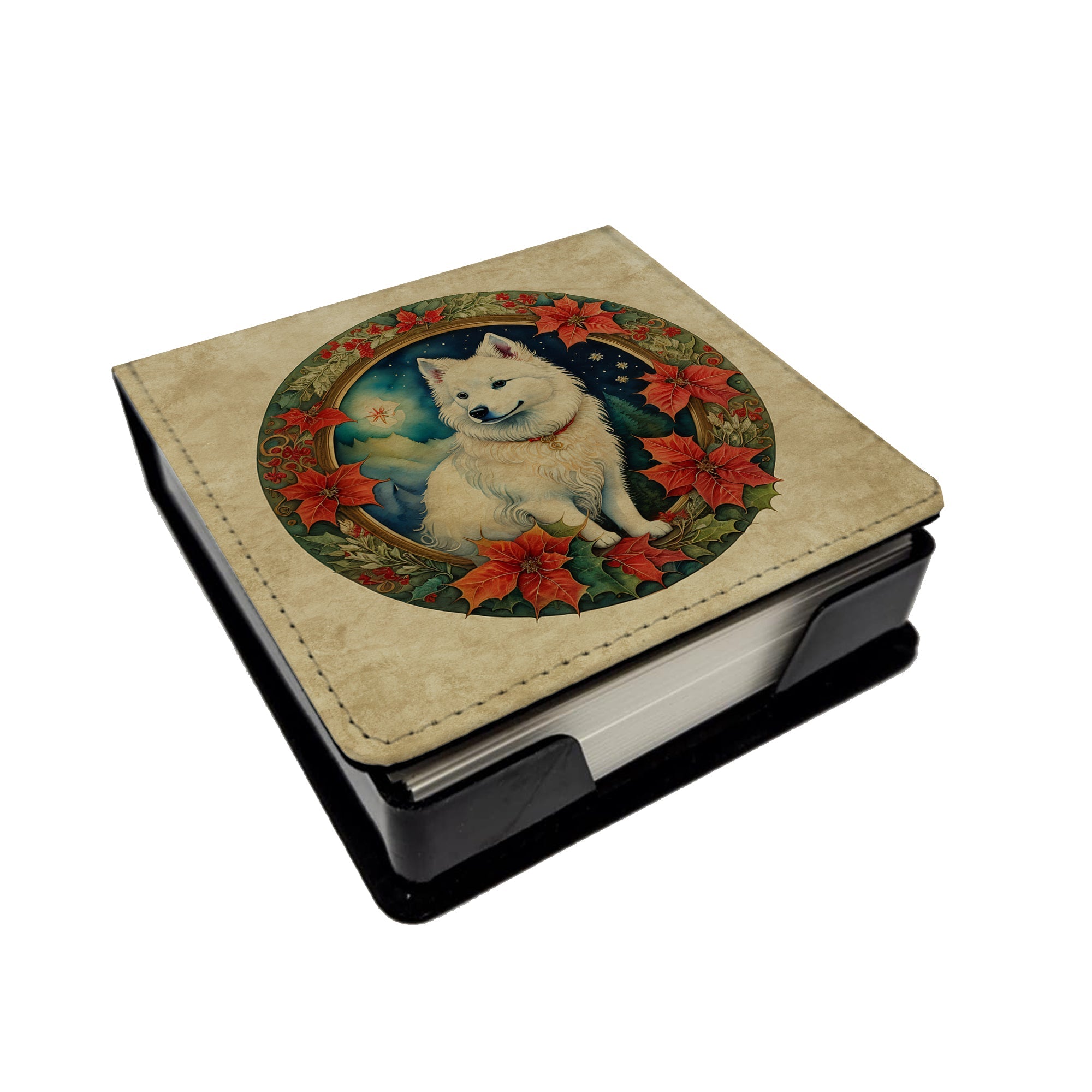 American Eskimo Christmas Flowers PU Leather Note Paper Holder with Artist-Designed Cover, Desk Accessory, Office Gift
