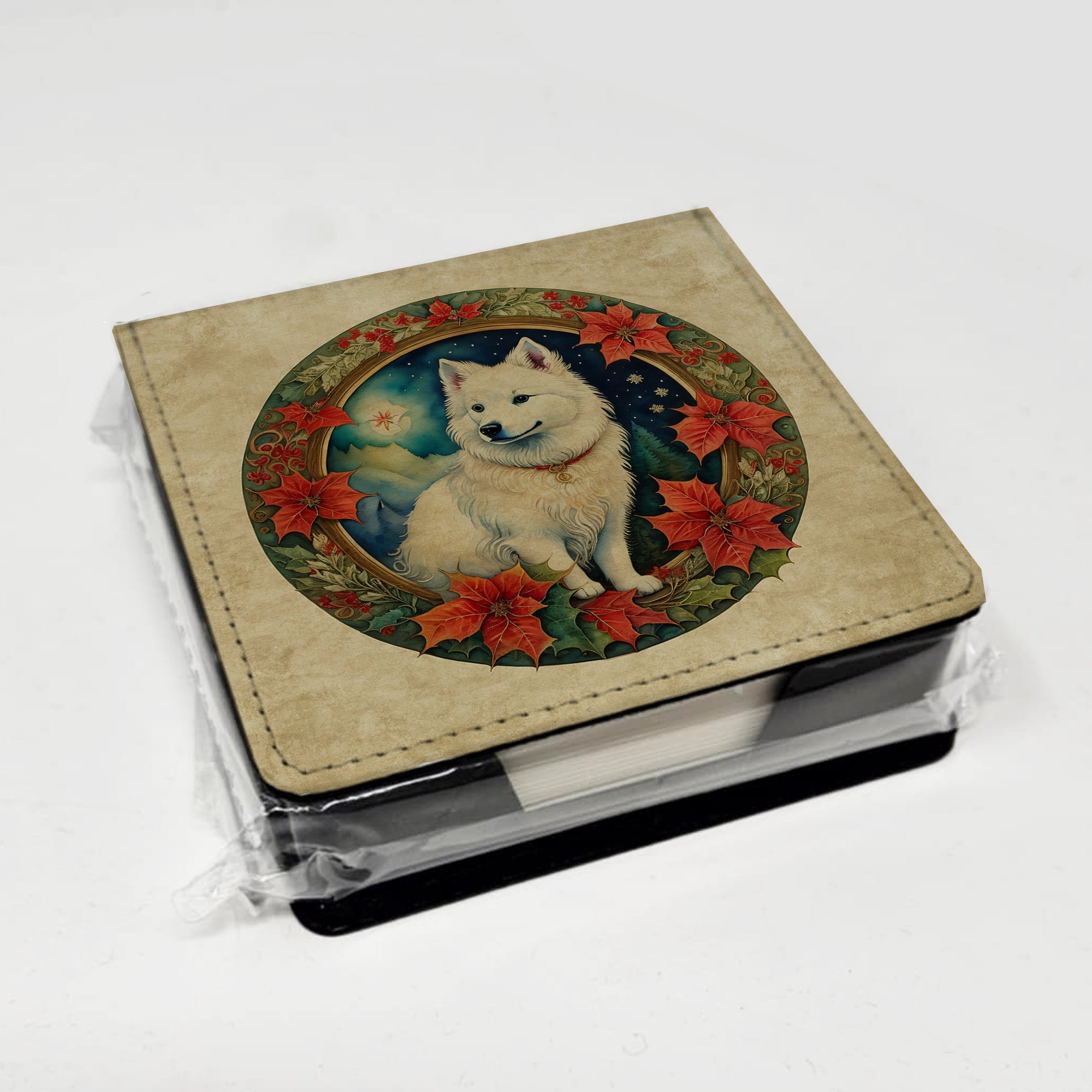 American Eskimo Christmas Flowers PU Leather Note Paper Holder with Artist-Designed Cover, Desk Accessory, Office Gift