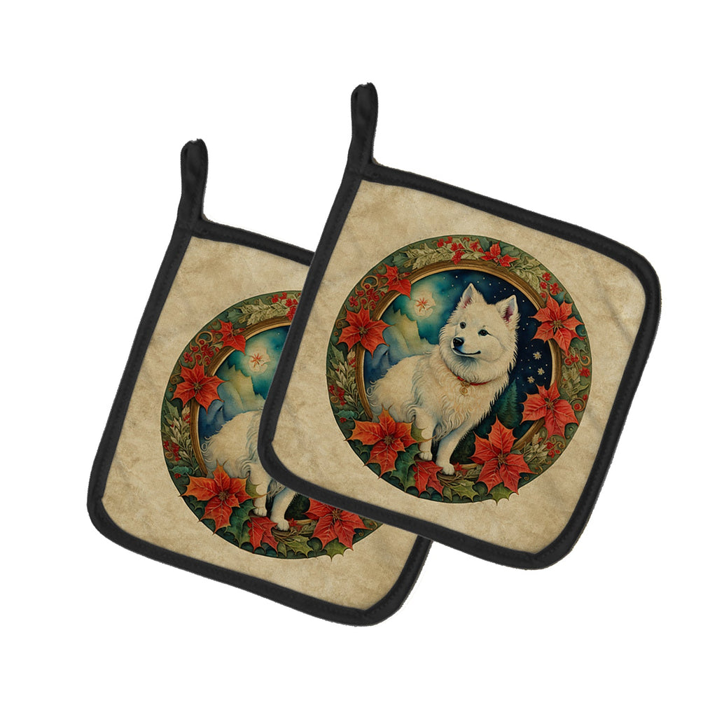 American Eskimo Christmas Flowers Pot Holder Set of 2 Heat Resistant Quilted Hot Pads 7.5 x 7.5 Inch, Insulated Kitchen Trivets for Cooking & Baking