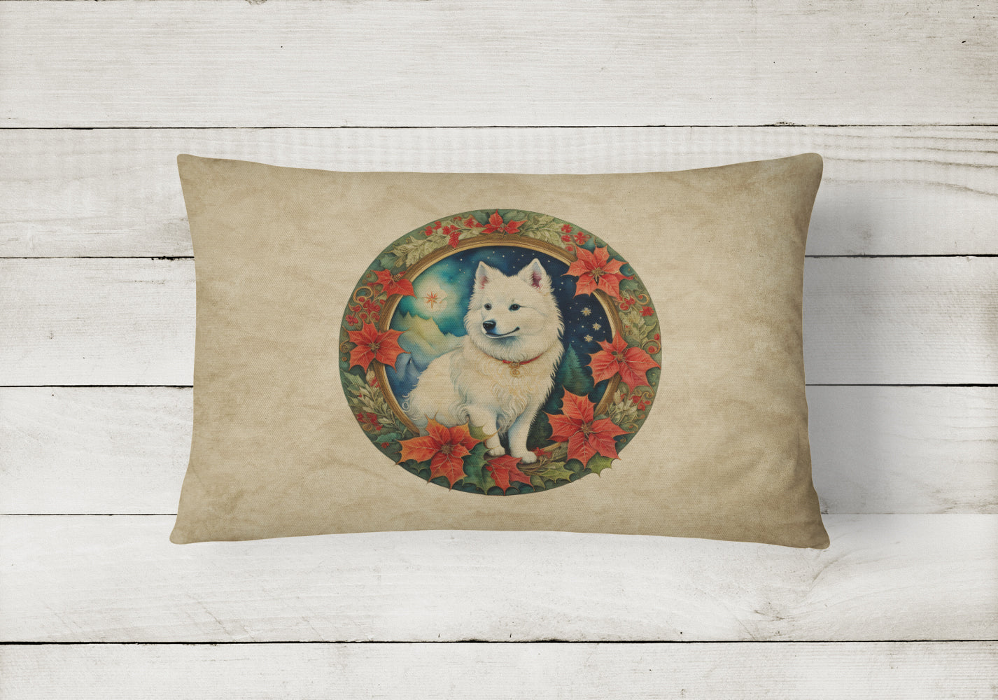 American Eskimo Christmas Flowers Decorative Throw Pillow 12x16 Indoor Outdoor Accent Cushion, Fabric Cover with Insert for Sofa, Bed, Porch & Living Room