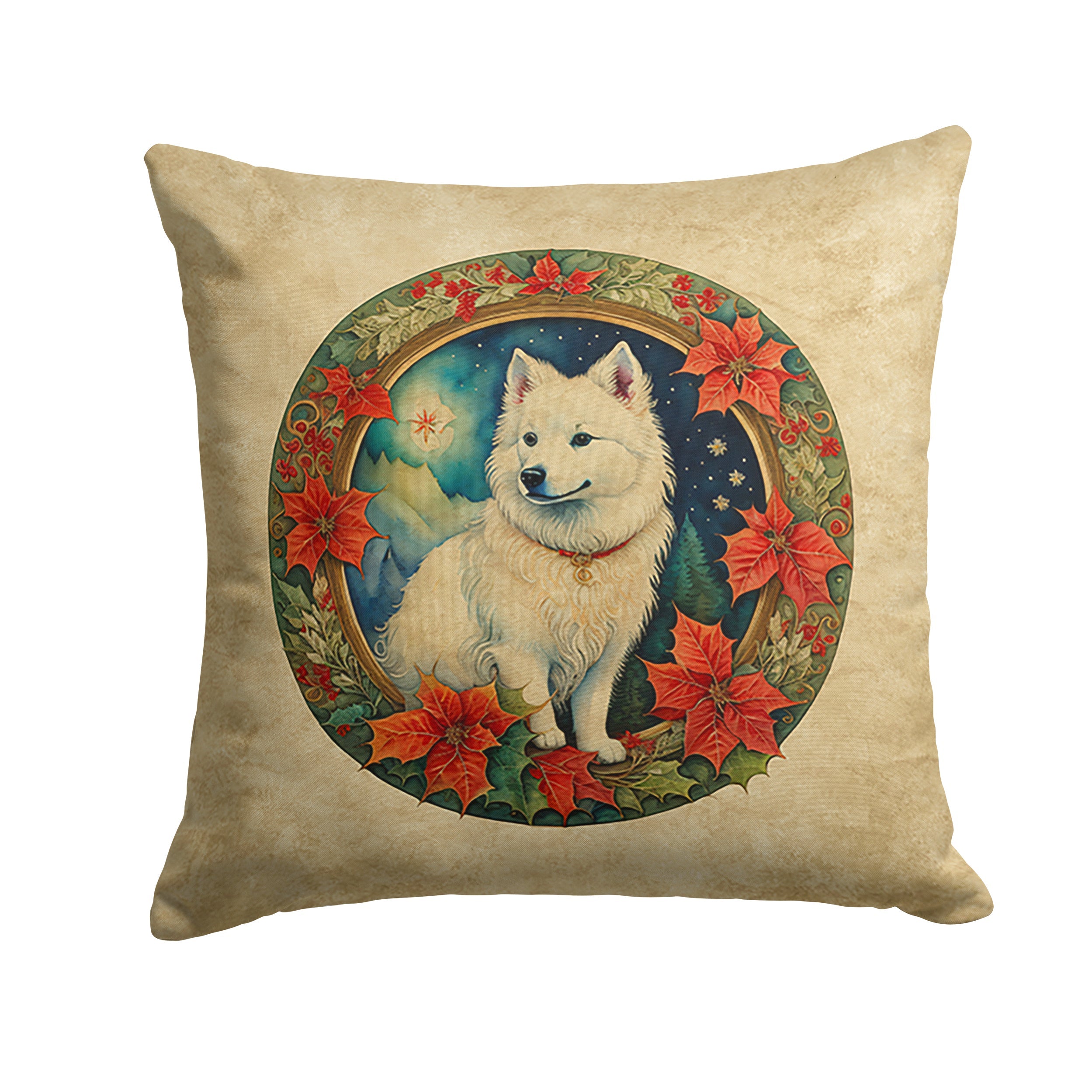 American Eskimo Christmas Flowers Decorative Throw Pillow 14x14 Indoor Outdoor Accent Cushion, Fabric Cover with Insert for Sofa, Bed, Porch & Living Room