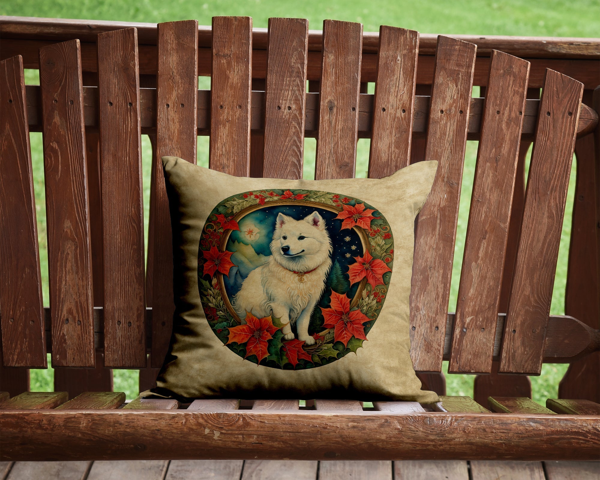 American Eskimo Christmas Flowers Decorative Throw Pillow 14x14 Indoor Outdoor Accent Cushion, Fabric Cover with Insert for Sofa, Bed, Porch & Living Room