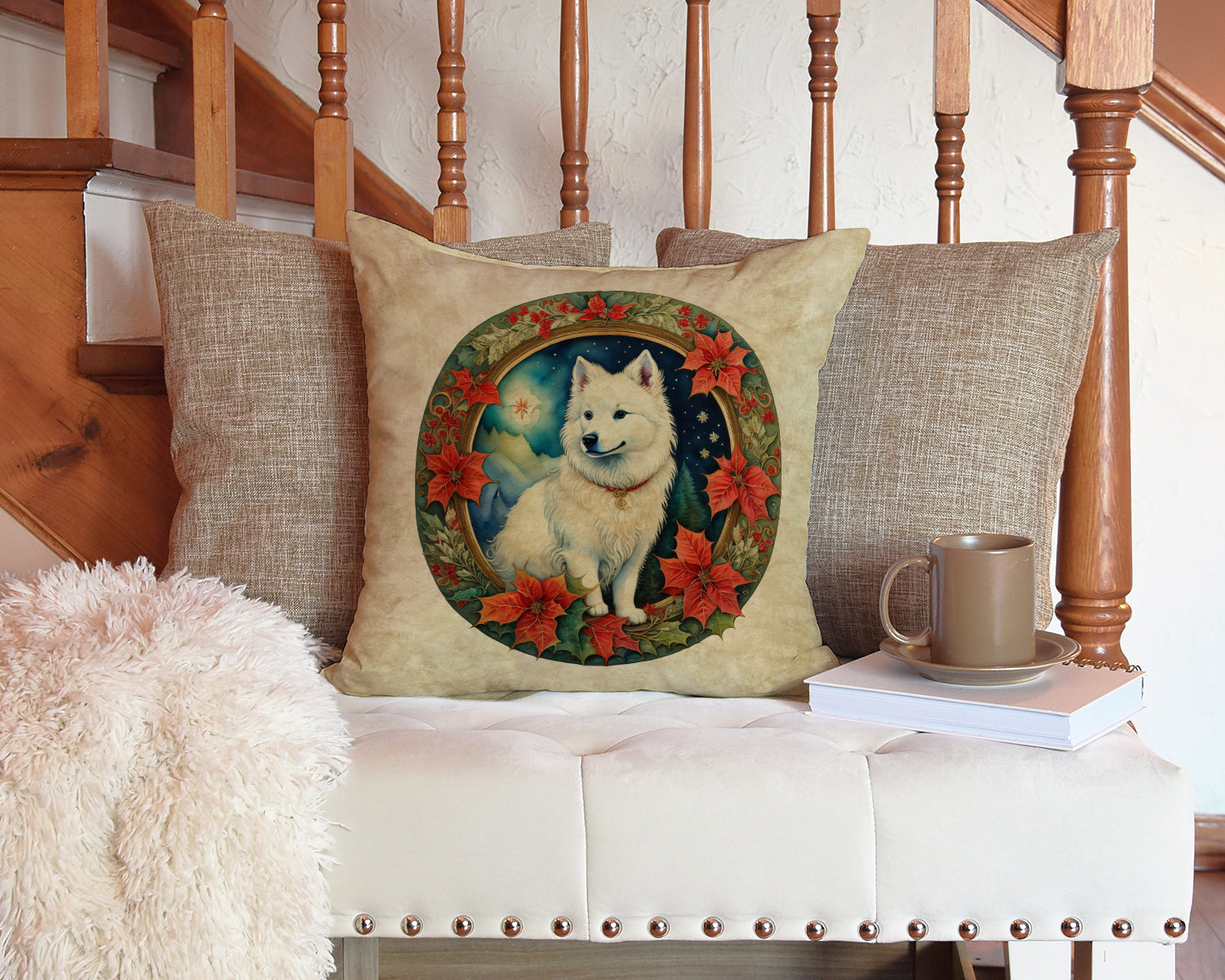 American Eskimo Christmas Flowers Decorative Throw Pillow 14x14 Indoor Outdoor Accent Cushion, Fabric Cover with Insert for Sofa, Bed, Porch & Living Room