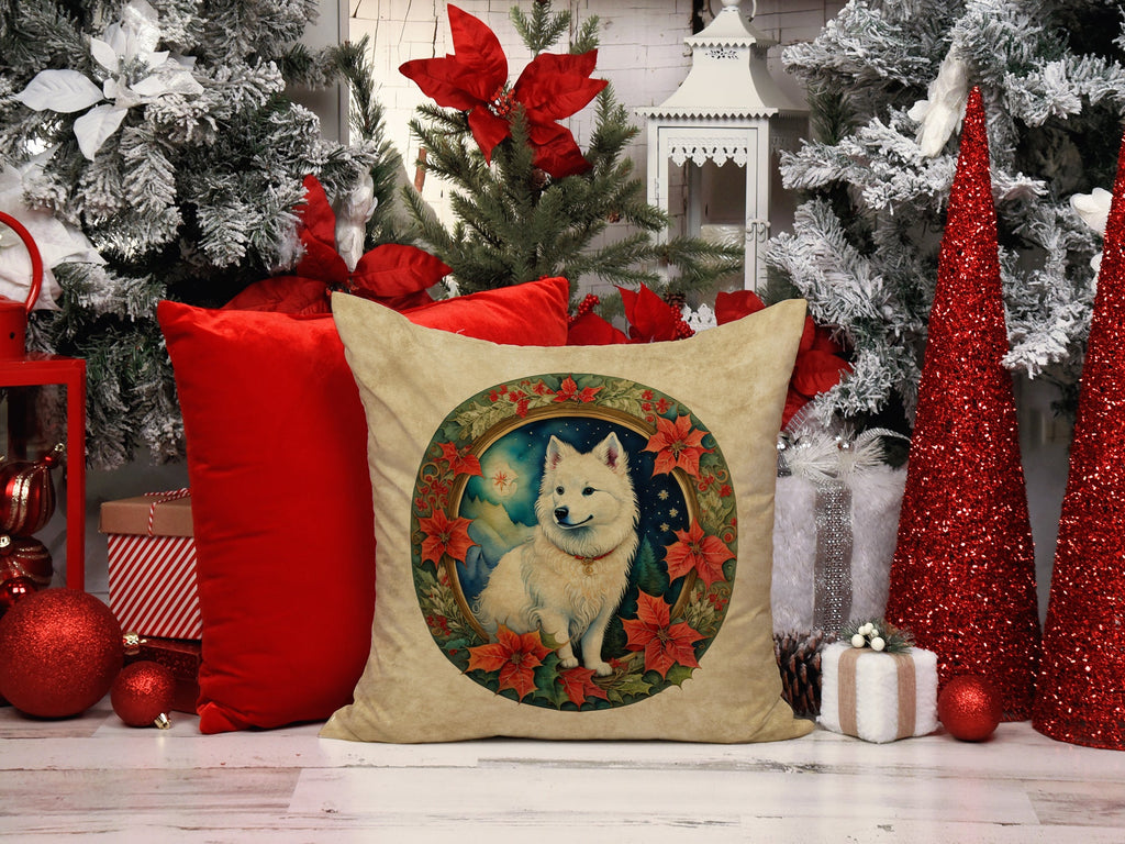 American Eskimo Christmas Flowers Decorative Throw Pillow 18x18 Indoor Outdoor Accent Cushion, Fabric Cover with Insert for Sofa, Bed, Porch & Living Room
