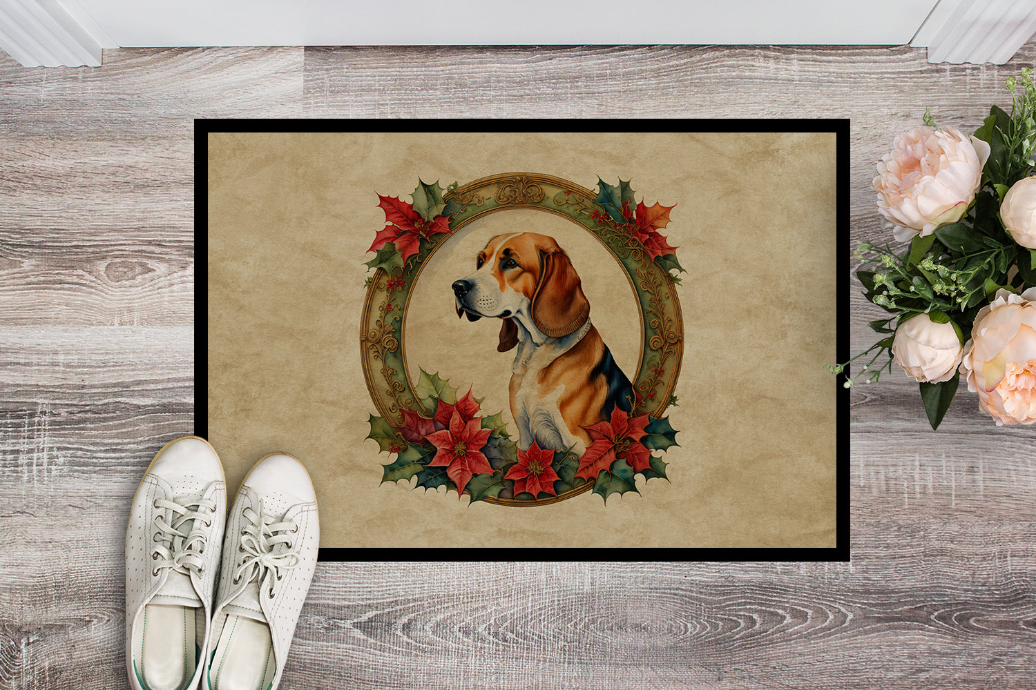 American Foxhound Christmas Flowers Doormat Indoor Outdoor 18H X 27W Front Door Mat Rugs for Entryway, Non Slip Washable