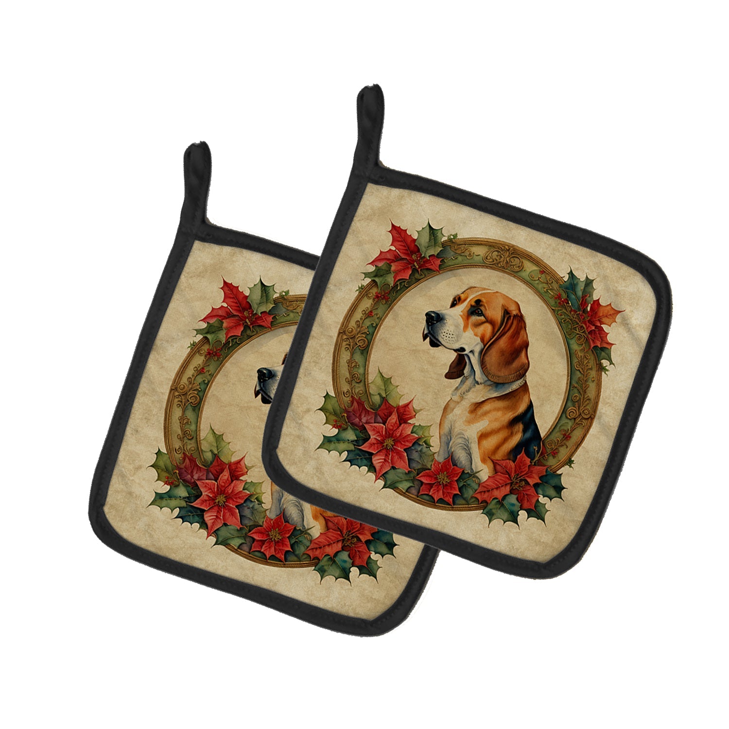 American Foxhound Christmas Flowers Pot Holder Set of 2 Heat Resistant Quilted Hot Pads 7.5 x 7.5 Inch, Insulated Kitchen Trivets for Cooking & Baking