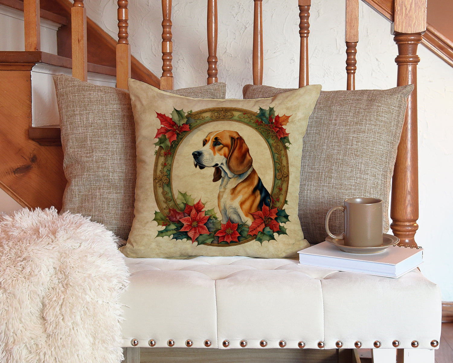 American Foxhound Christmas Flowers Decorative Throw Pillow 14x14 Indoor Outdoor Accent Cushion, Fabric Cover with Insert for Sofa, Bed, Porch & Living Room