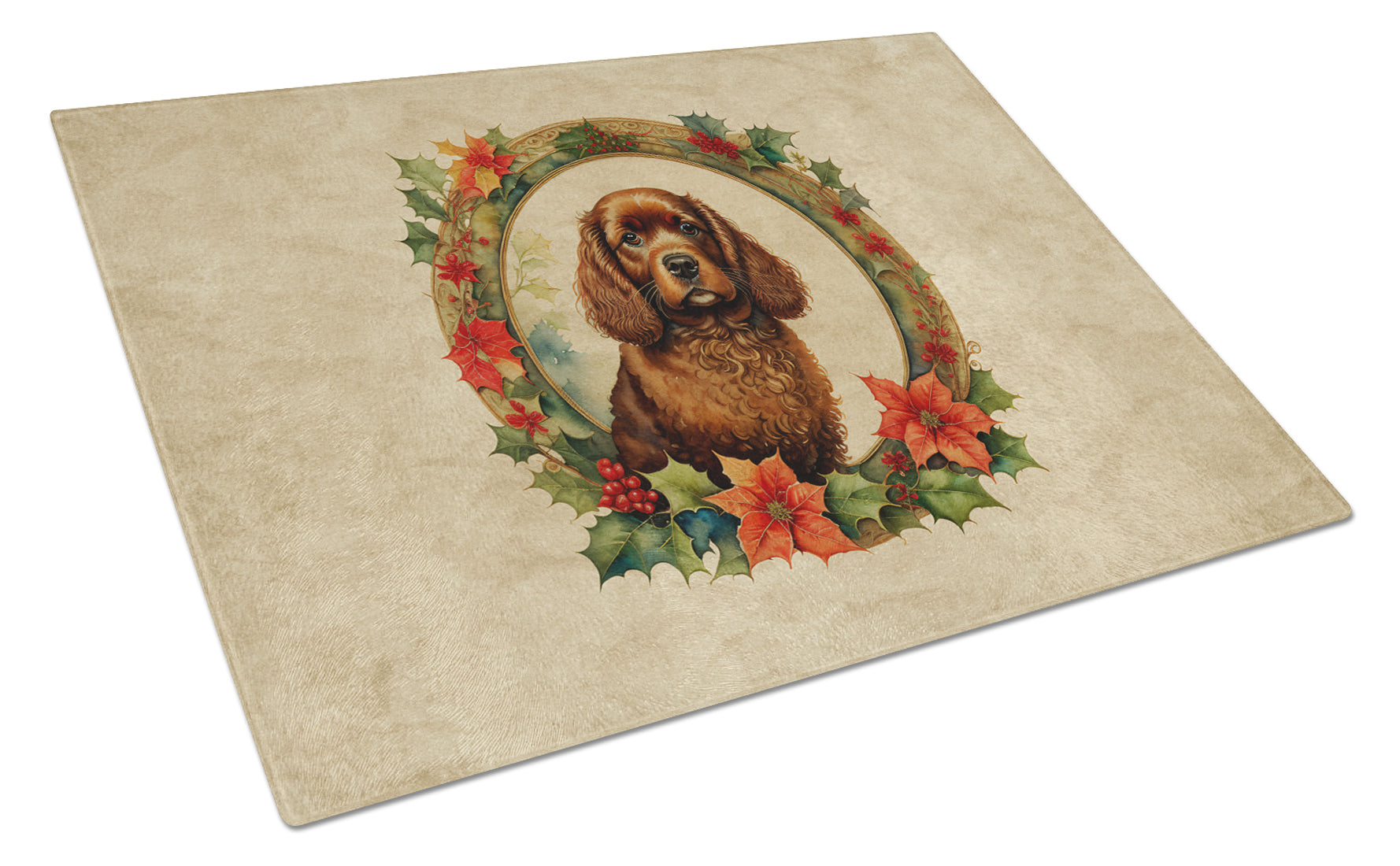 American Water Spaniel Christmas Flowers Cutting Board Tempered Glass Kitchen Cutting Surface, Heat Resistant Chopping, Non-Slip Feet, Food Prep & Serving