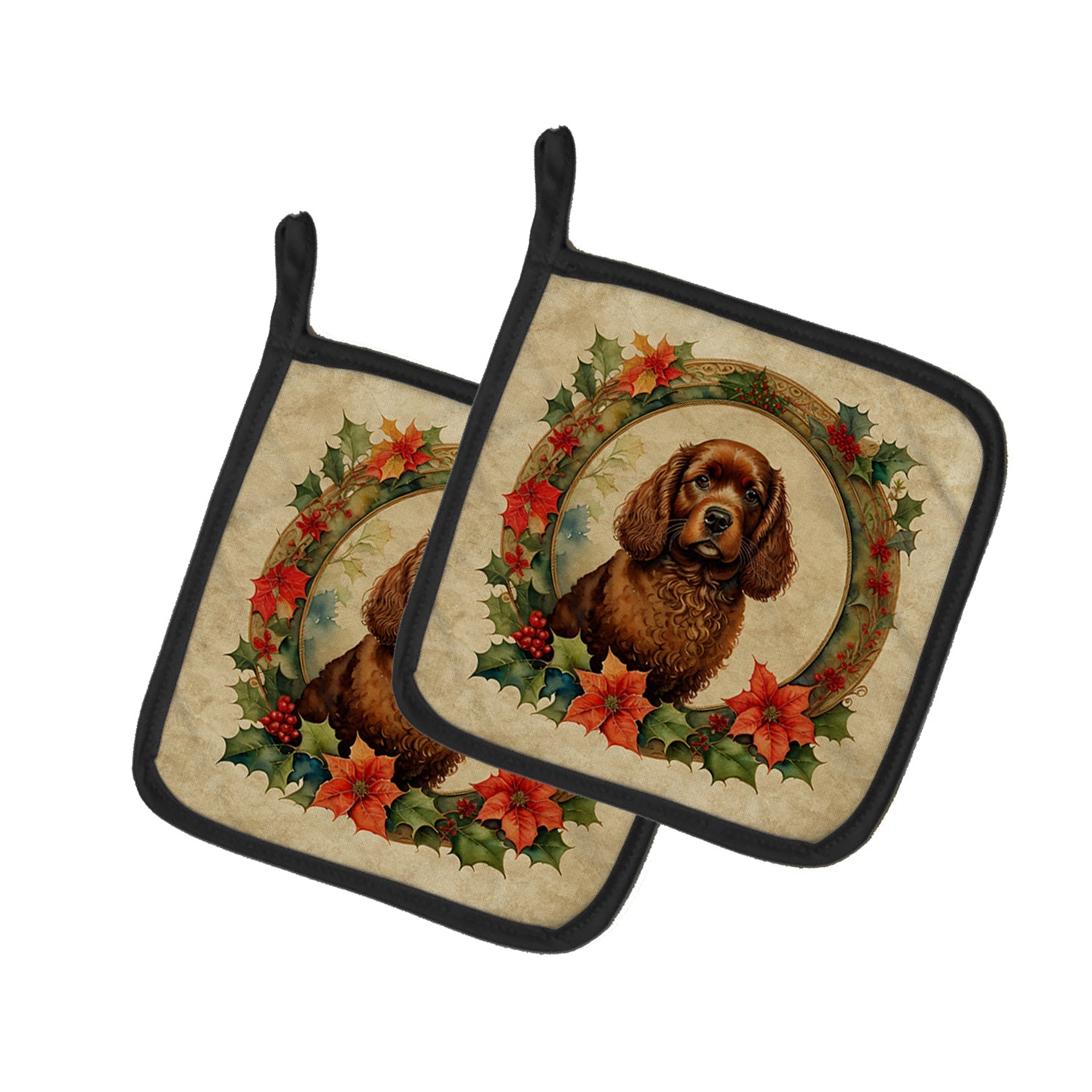 American Water Spaniel Christmas Flowers Pot Holder Set of 2 Heat Resistant Quilted Hot Pads 7.5 x 7.5 Inch, Insulated Kitchen Trivets for Cooking & Baking