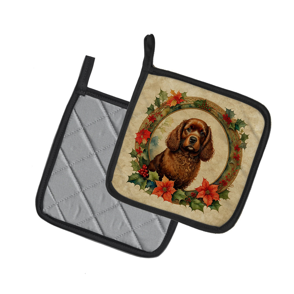 American Water Spaniel Christmas Flowers Pot Holder Set of 2 Heat Resistant Quilted Hot Pads 7.5 x 7.5 Inch, Insulated Kitchen Trivets for Cooking & Baking