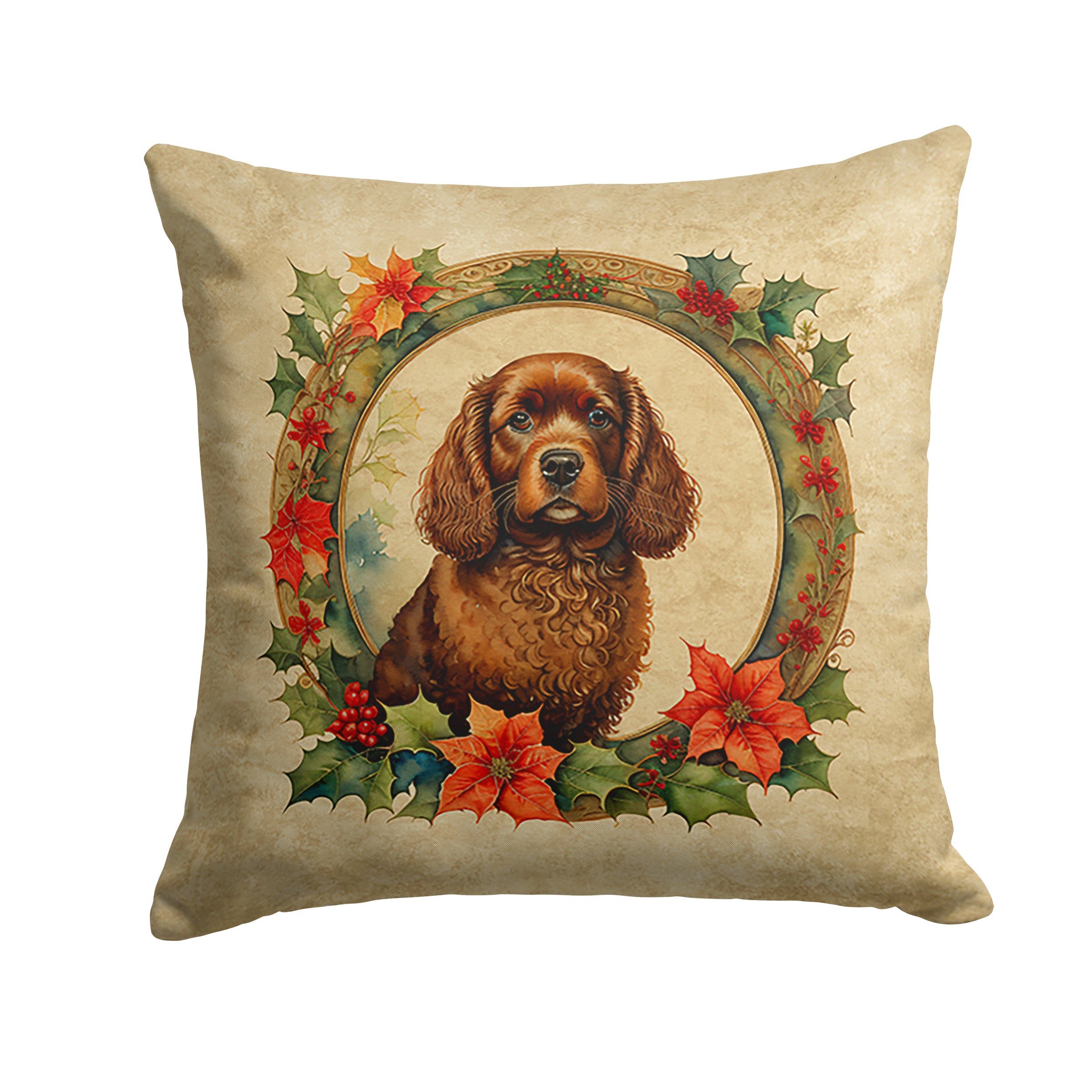 American Water Spaniel Christmas Flowers Decorative Throw Pillow 14x14 Indoor Outdoor Accent Cushion, Fabric Cover with Insert for Sofa, Bed, Porch & Living Room