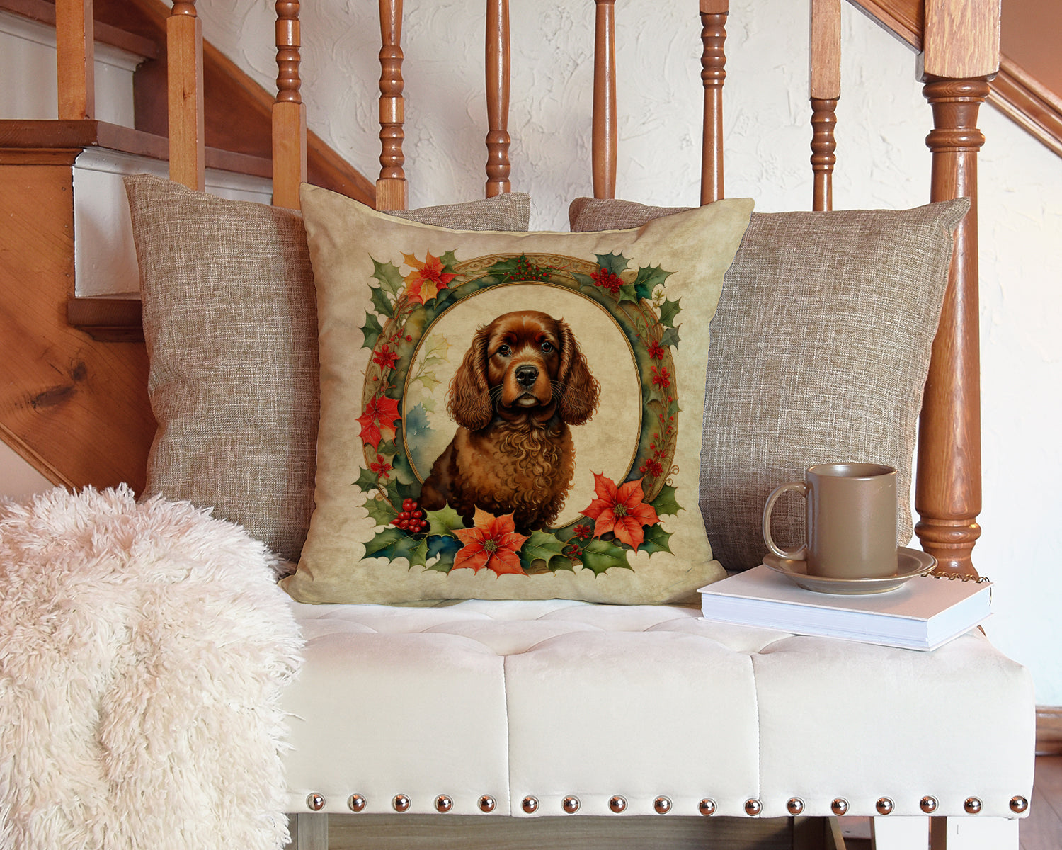 American Water Spaniel Christmas Flowers Decorative Throw Pillow 14x14 Indoor Outdoor Accent Cushion, Fabric Cover with Insert for Sofa, Bed, Porch & Living Room