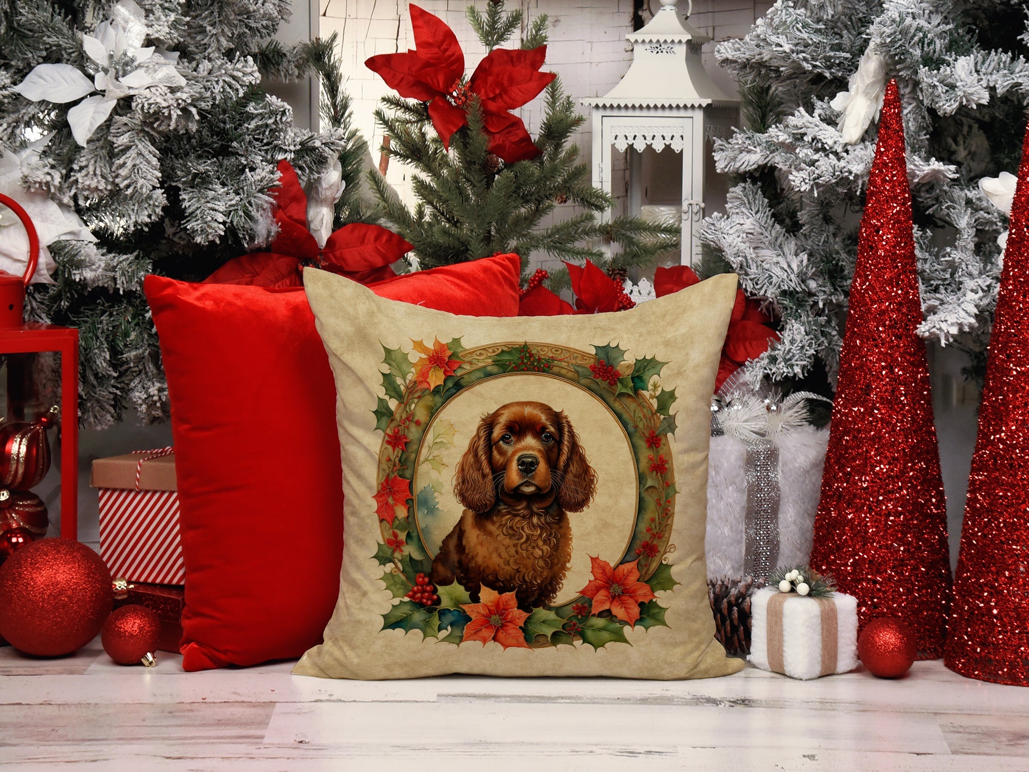 American Water Spaniel Christmas Flowers Decorative Throw Pillow 18x18 Indoor Outdoor Accent Cushion, Fabric Cover with Insert for Sofa, Bed, Porch & Living Room