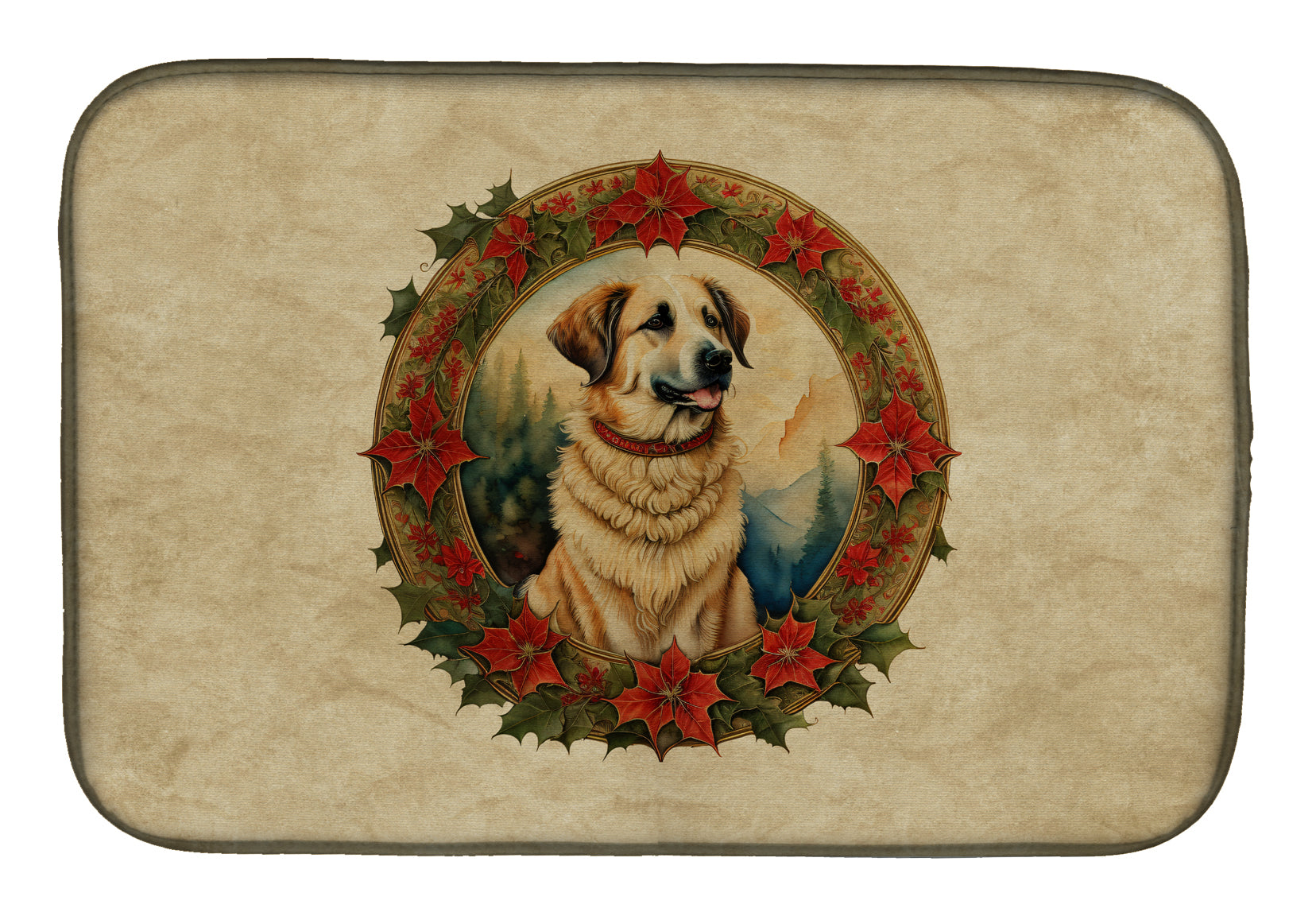 Anatolian Shepherd Dog Christmas Flowers Dish Drying Mat Absorbent Dish Drying Mat Pad for Kitchen Counter Dish Drainer Mat for Countertop, 14 x 21", Multicolor