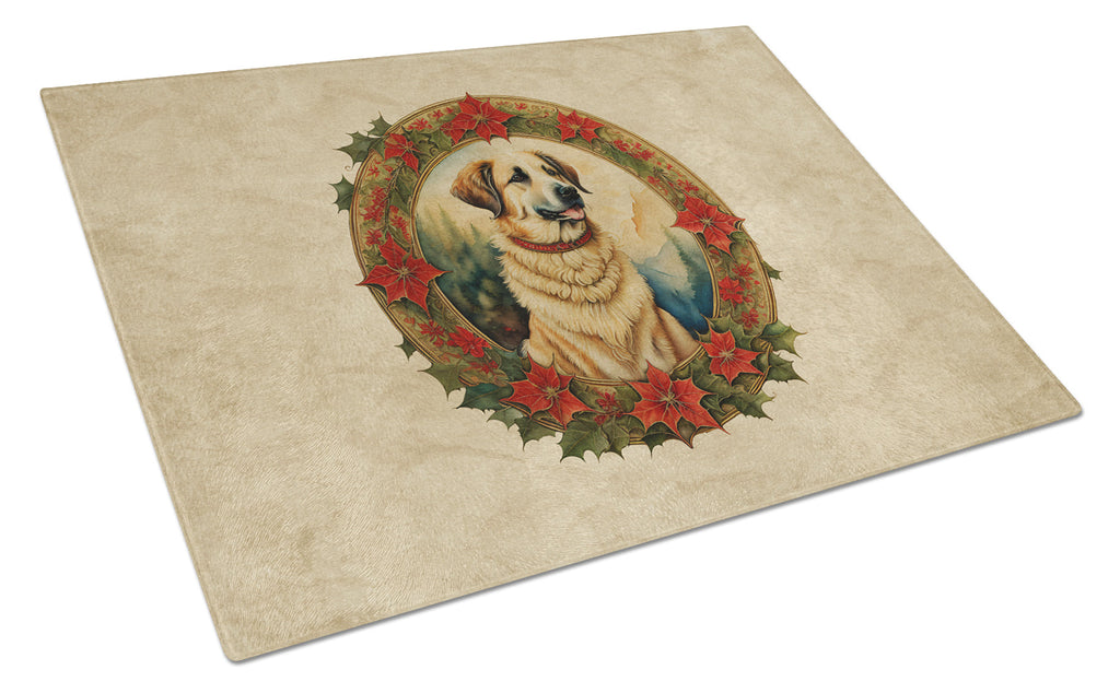 Anatolian Shepherd Dog Christmas Flowers Cutting Board Tempered Glass Kitchen Cutting Surface, Heat Resistant Chopping, Non-Slip Feet, Food Prep & Serving