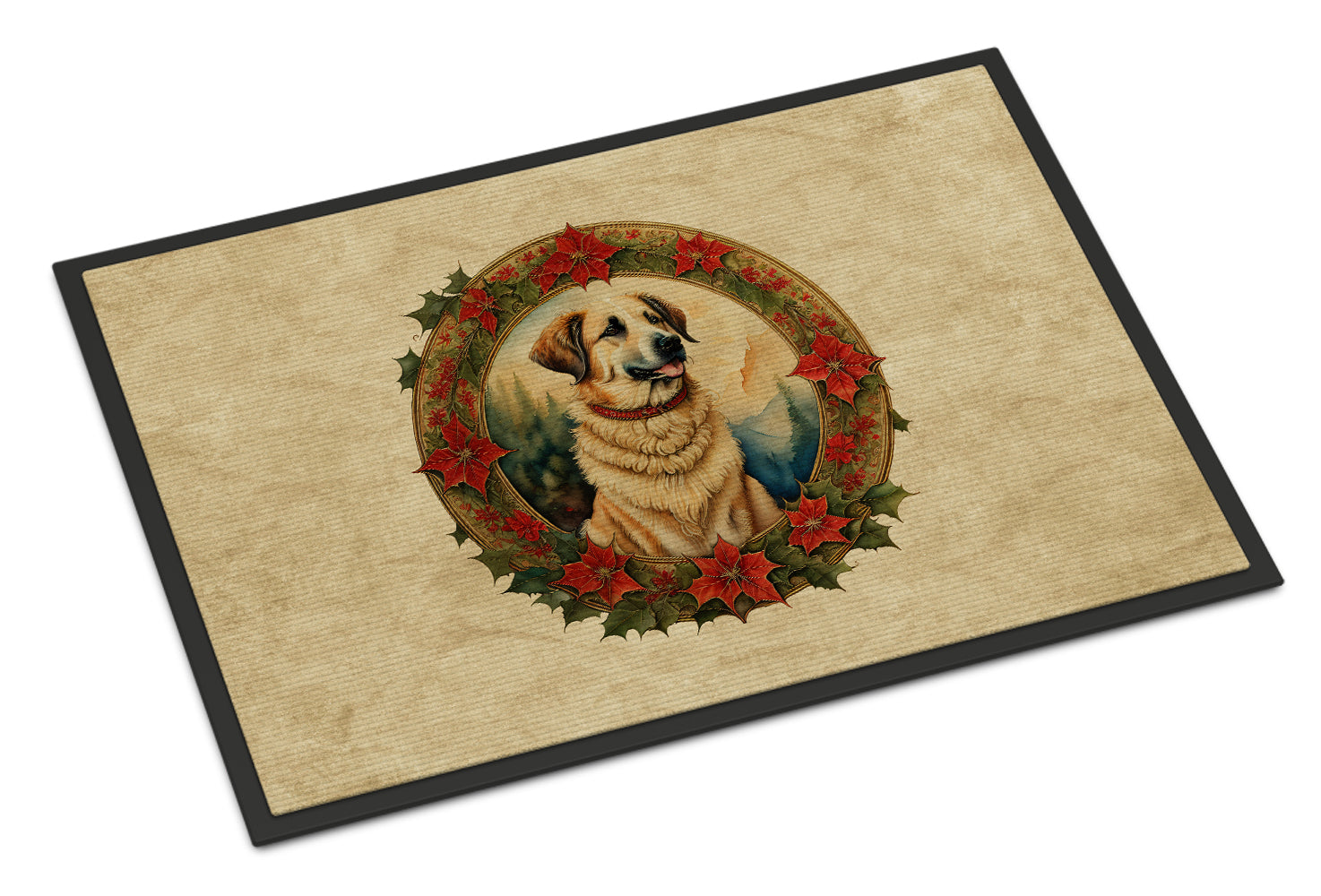 Anatolian Shepherd Dog Christmas Flowers Doormat Indoor Outdoor 18H X 27W Front Door Mat Rugs for Entryway, Non Slip Washable
