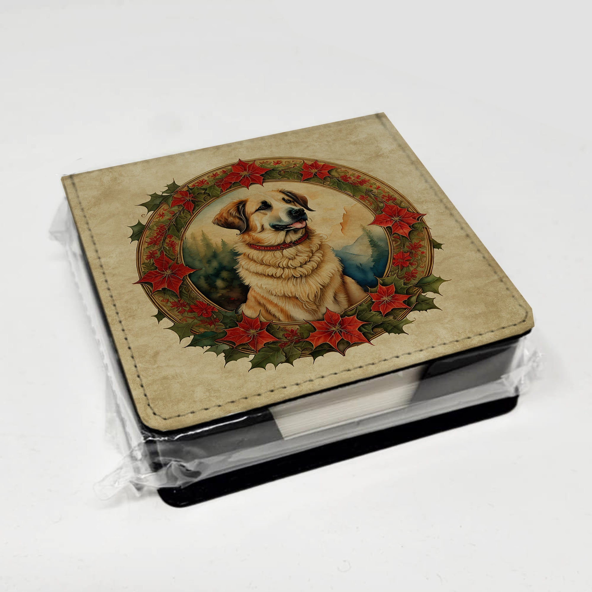 Anatolian Shepherd Dog Christmas Flowers PU Leather Note Paper Holder with Artist-Designed Cover, Desk Accessory, Office Gift