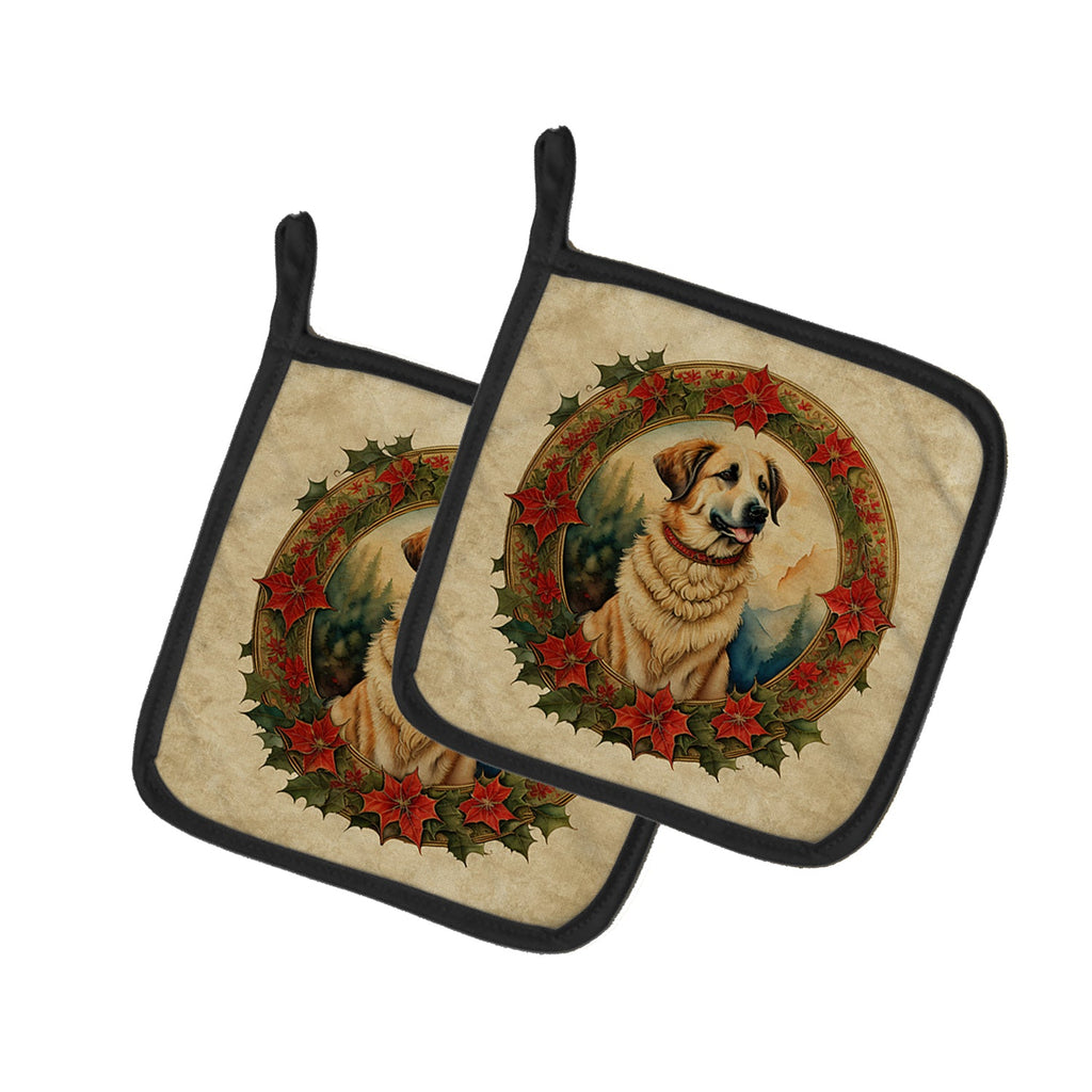 Anatolian Shepherd Dog Christmas Flowers Pot Holder Set of 2 Heat Resistant Quilted Hot Pads 7.5 x 7.5 Inch, Insulated Kitchen Trivets for Cooking & Baking